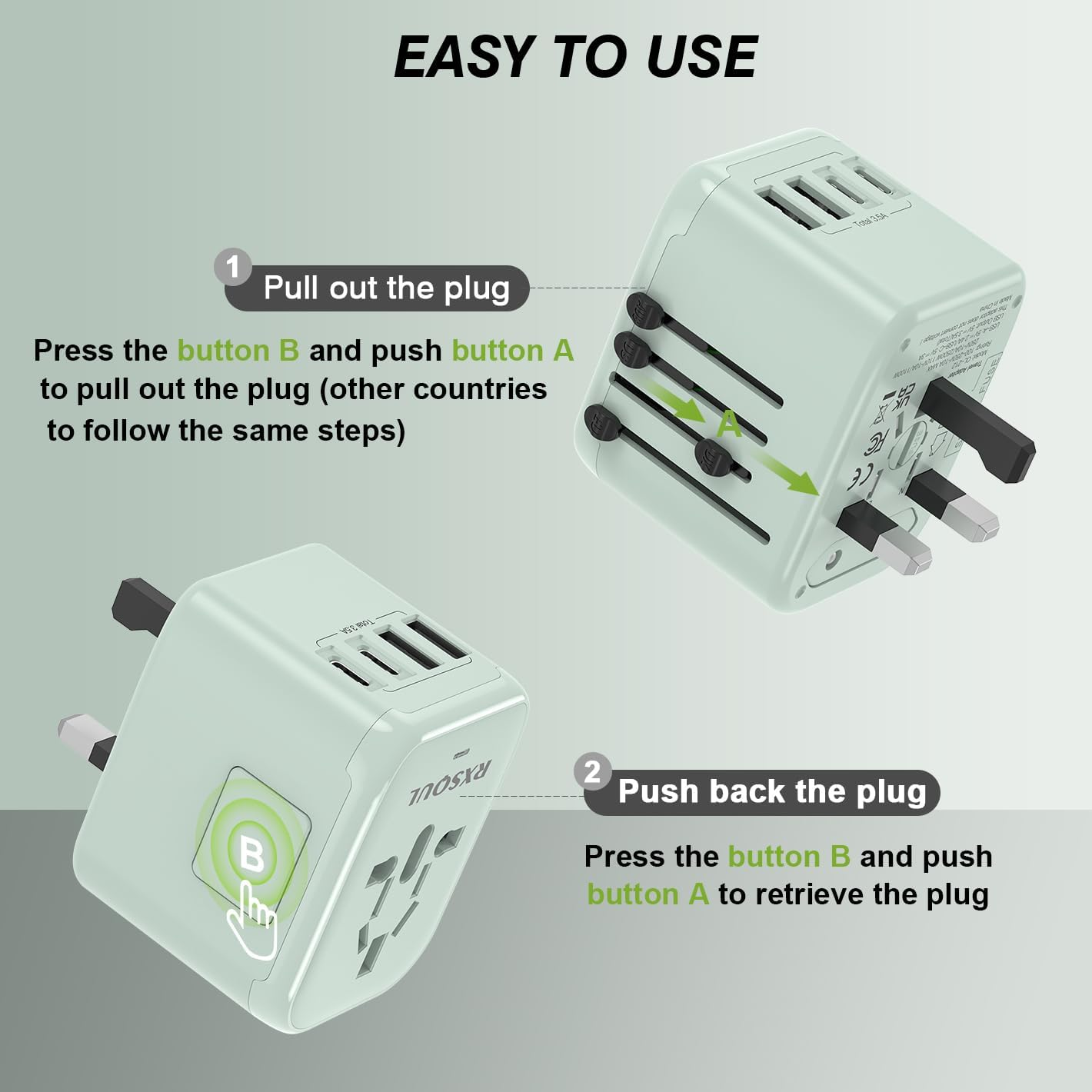 Universal International Power Travel Plug Adapter, 5 in 1 European Travel Plug Adapter W/ 3.5A 2Xusb-A and 2Xusb C Wall Charger and Worldwide AC Outlet for Europe USA Japan UK AUS Asia-Green image number 4