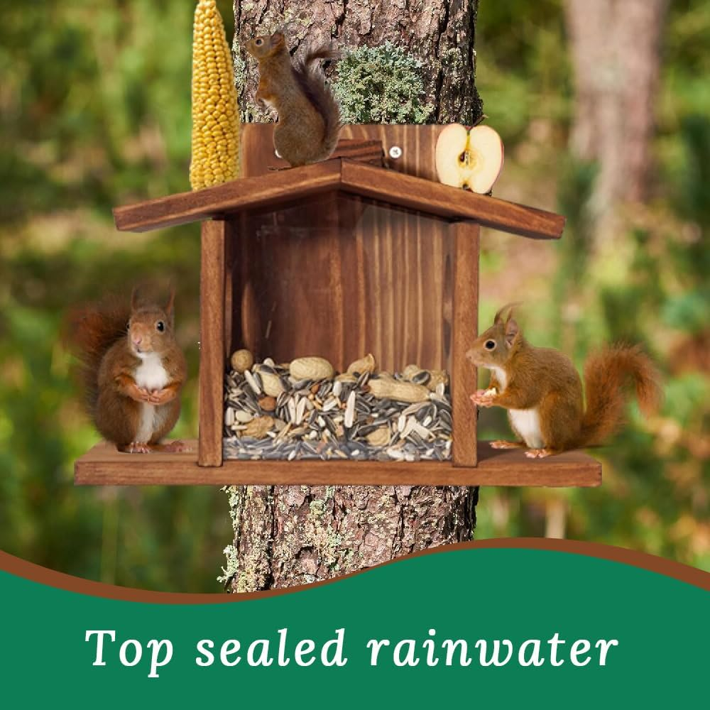 Squirrel Feeder,Wood Squirrel Feeders for outside Winter,Animal Feeder,For Corn, Peanuts, Durable Box, Easy to Fill,Proof, with the Roof Can Be Opened image number 2