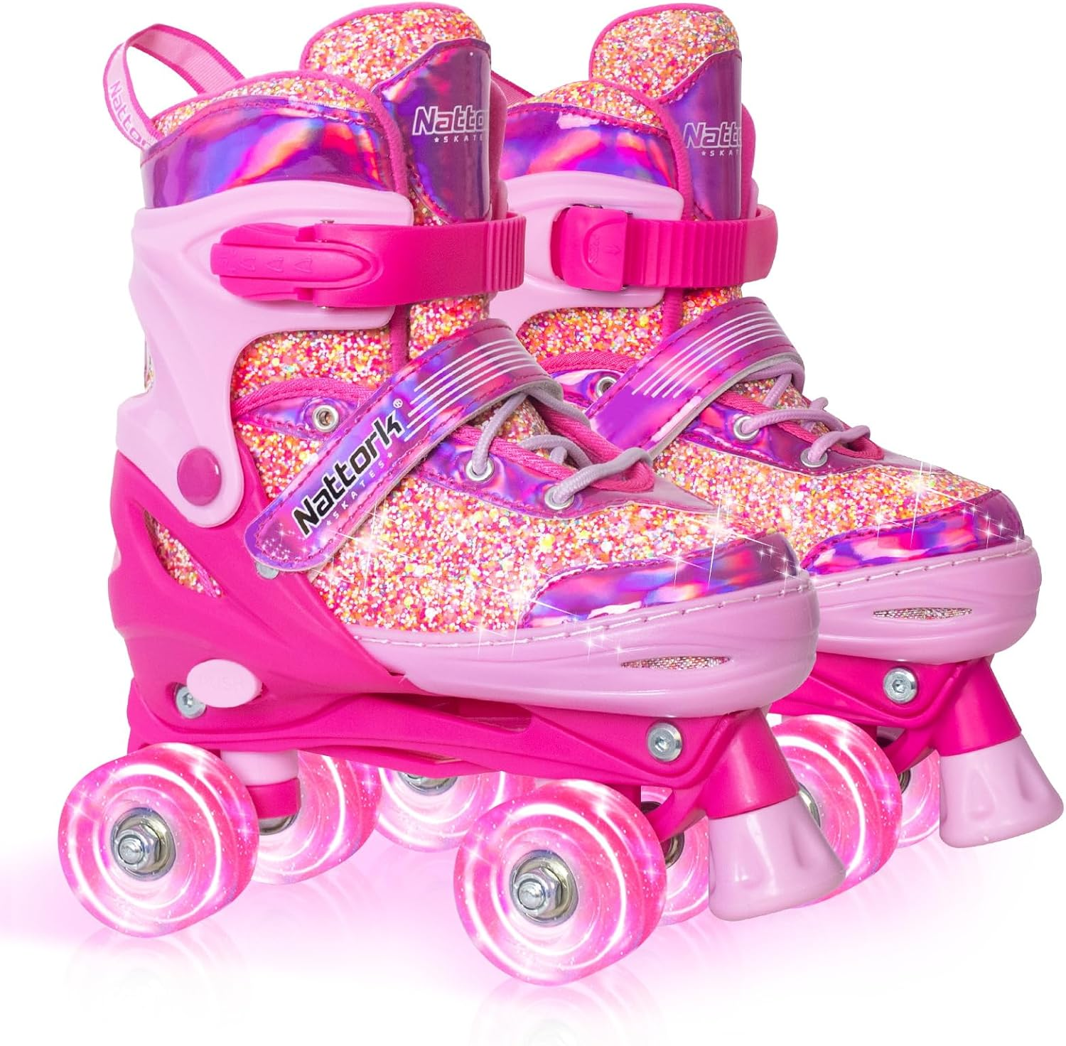 Nattork Kids Roller Skates for Girls Kids, 4 Sizes Adjustable Girls Roller Skates for Ages 3-12 with Light up Wheels & Safety Protection - Cool Indoor Outdoor Sports