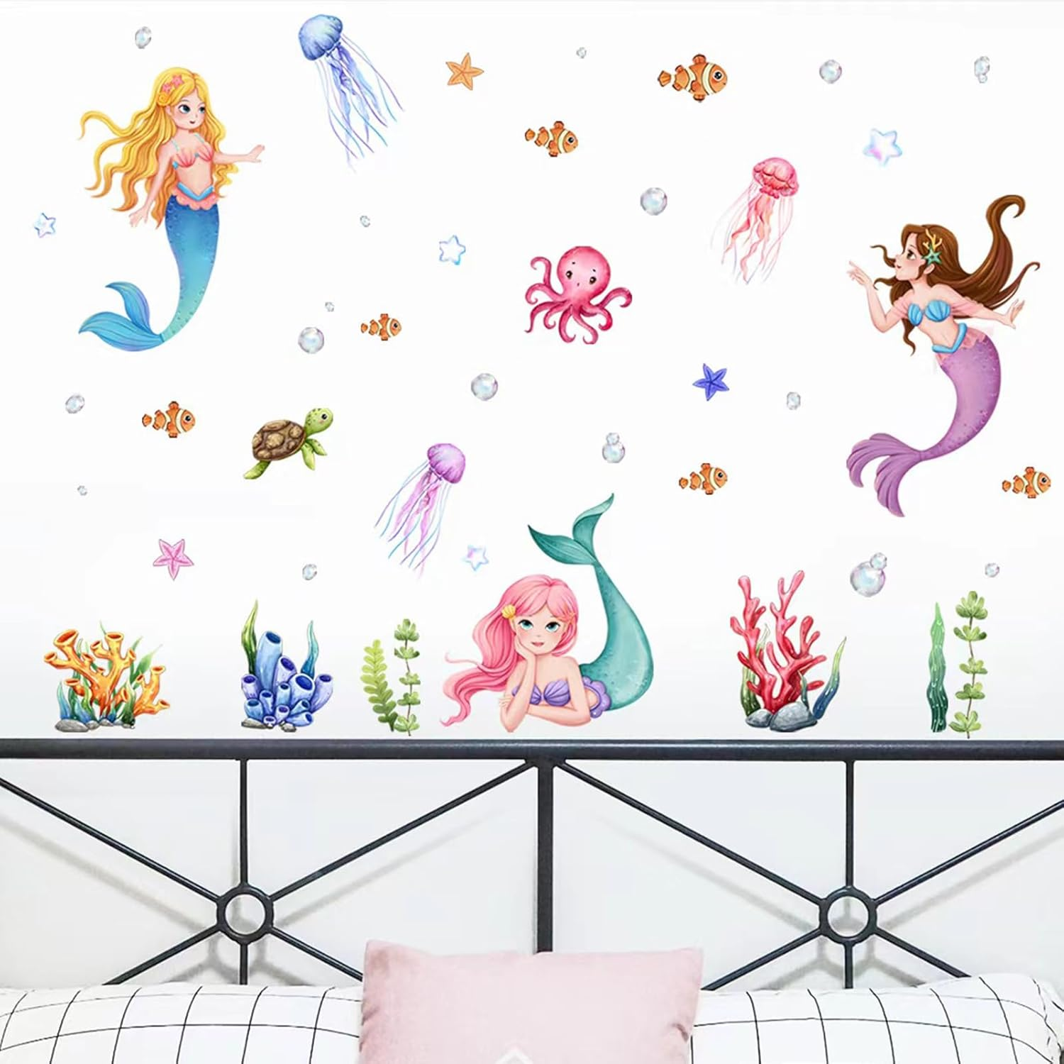 Underwater Mermaid Wall Decals, Ocean Theme Wall Decals Sea Creatures Turtle Wall Stickers Bathroom Girls Bedroom Baby Nursery Wall Decor image number 5