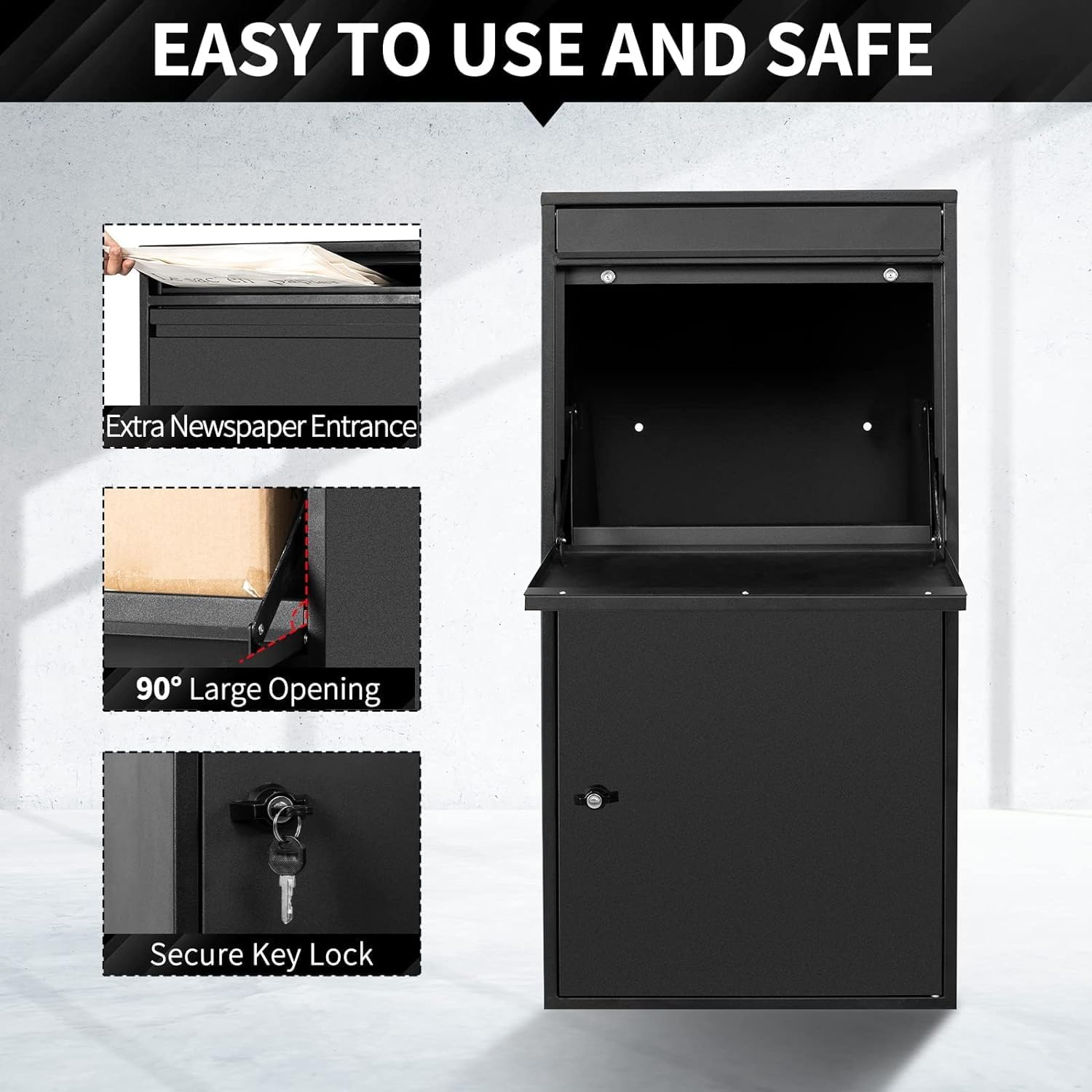 GROZY XL Package Delivery Box, Extra Large Galvanized Steel Parcel Drop Box for Outside, Parcel Mailbox with Secure Storage Compartment, for Outdoor Porch, Curbside, Black image number 1