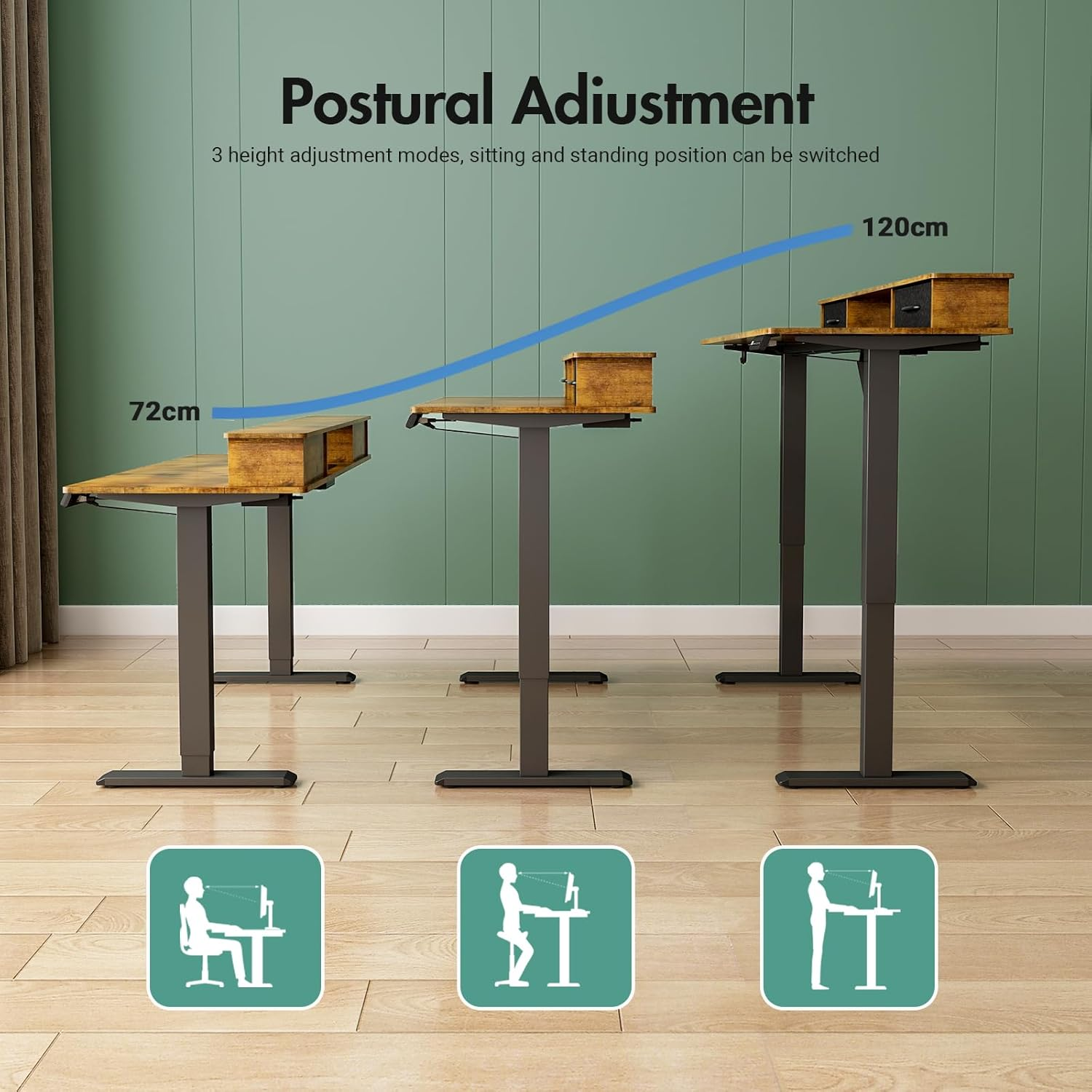 Ufurniture Electric Standing Desk with 2 Drawers, Adjustable Height Sit Stand up Desk with Storage Shelf, 120Cm Splice Board Walnut image number 5