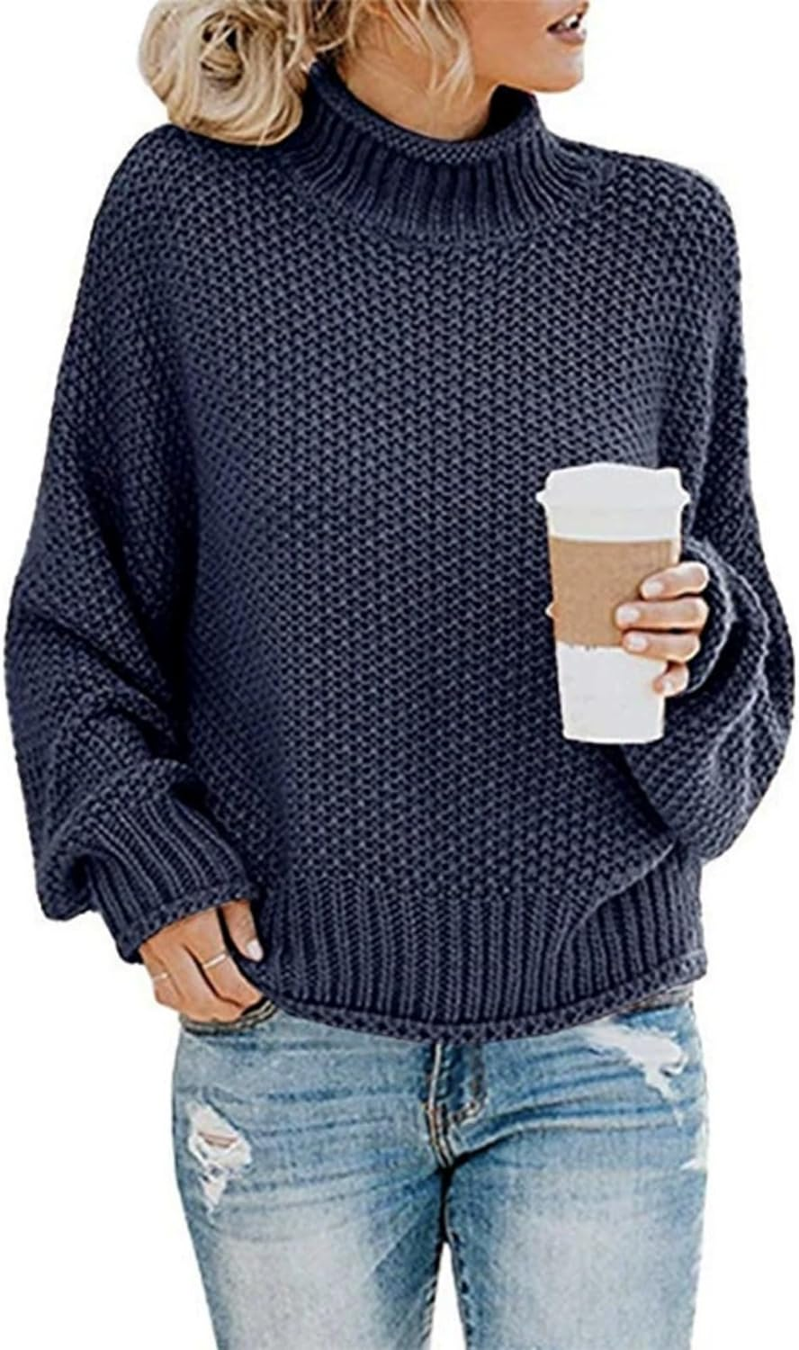 Womens Chunky Knit Slouchy Turtleneck Pullover Batwing Long Sleeve Pullover Loose Solid Casual Pullover Fall Tops Jumper image number 1