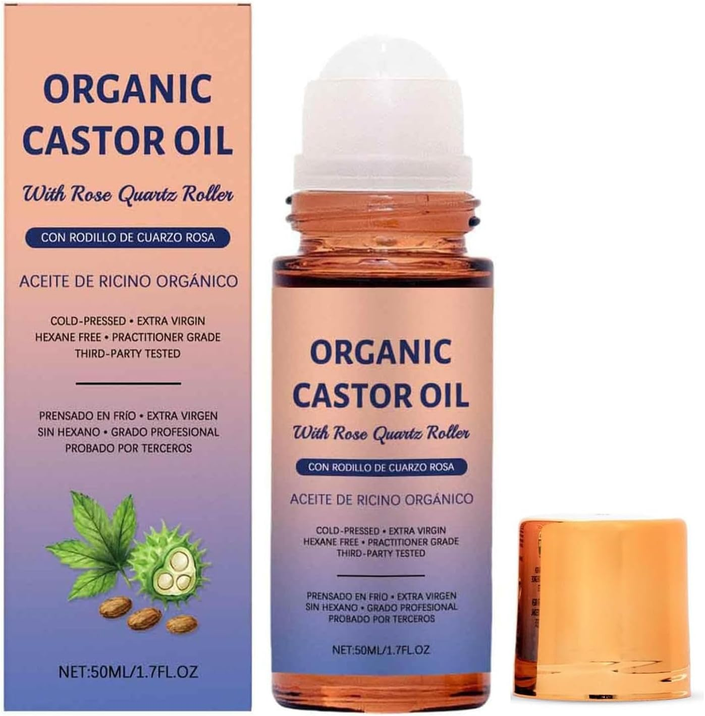 Organic Castor Oil with Rose Quartz Roller, Natural Ingredients, Gently Nourishes Skin, Suitable for All Skin Types (2) image number 4