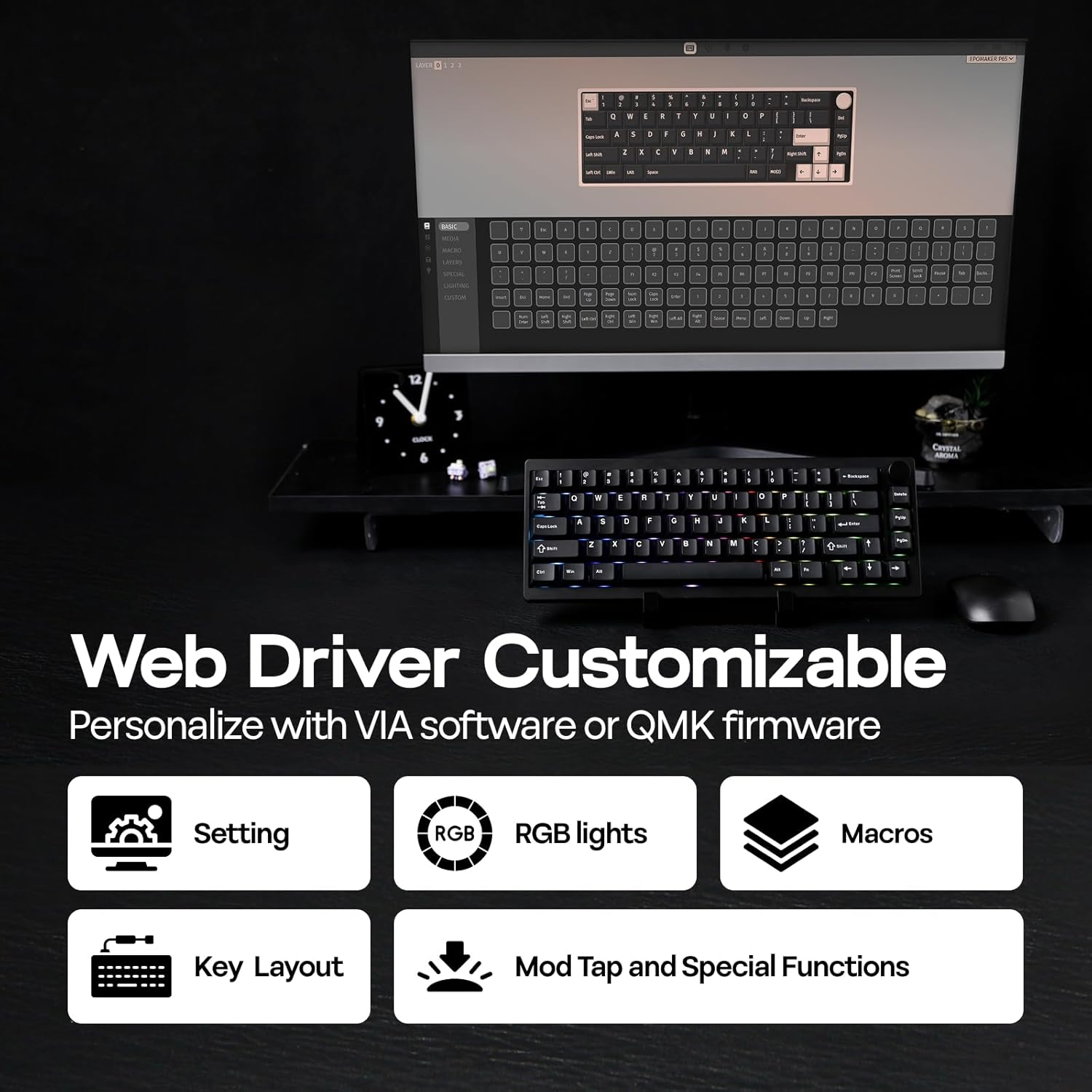 EPOMAKER P65 QMK/VIA Wireless Aluminum Gaming Keyboard, Gasket-Mount, Bluetooth/2.4Ghz/Usb(A to C), Hot Swappable, N-Key Rollover, for Mac/Pc/Ps/Xbox (Black, Zebra Switch)