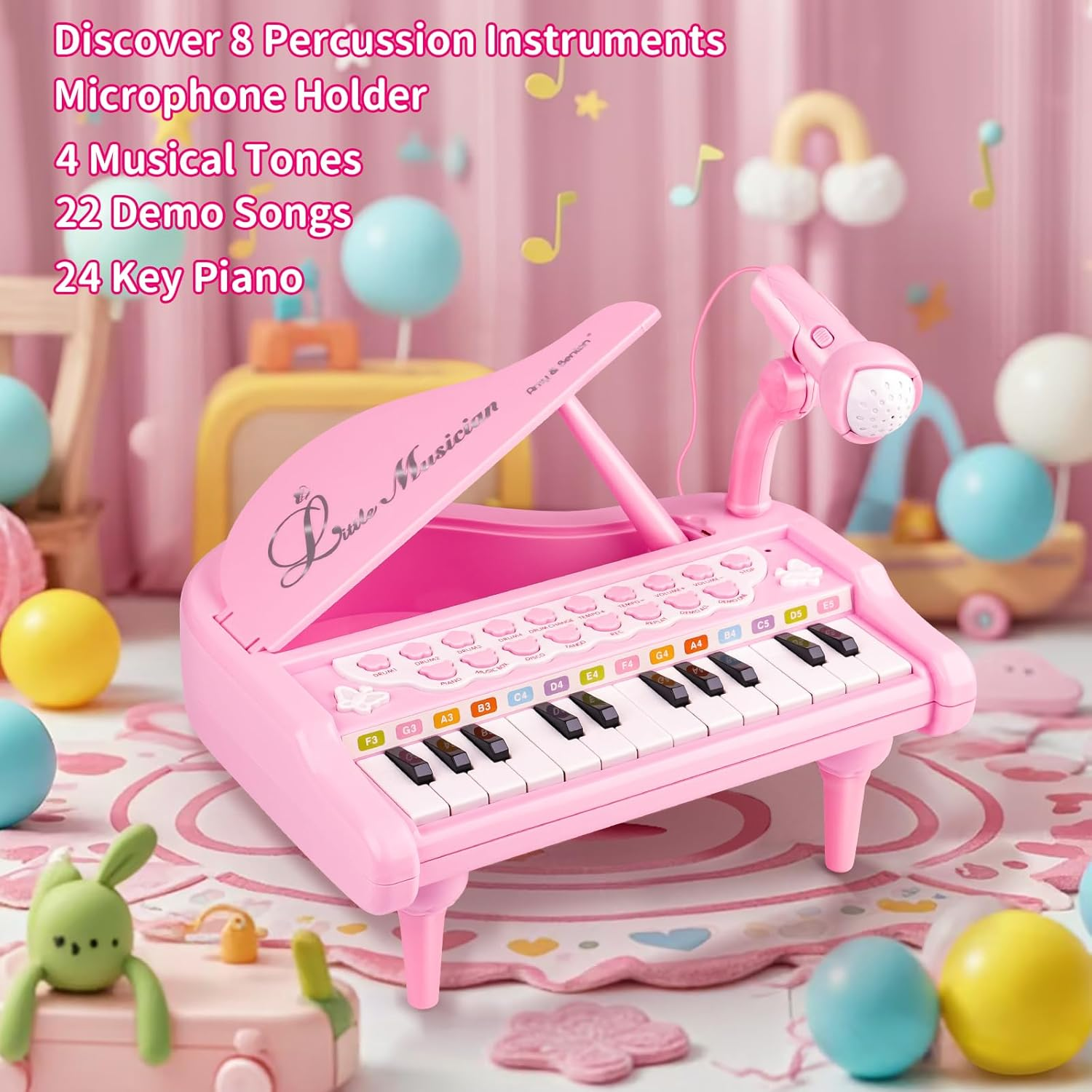 Amy & Benton Toddler Piano Toy Keyboard for Kids 24 Keys Pink Birthday Gift Toys for Baby
