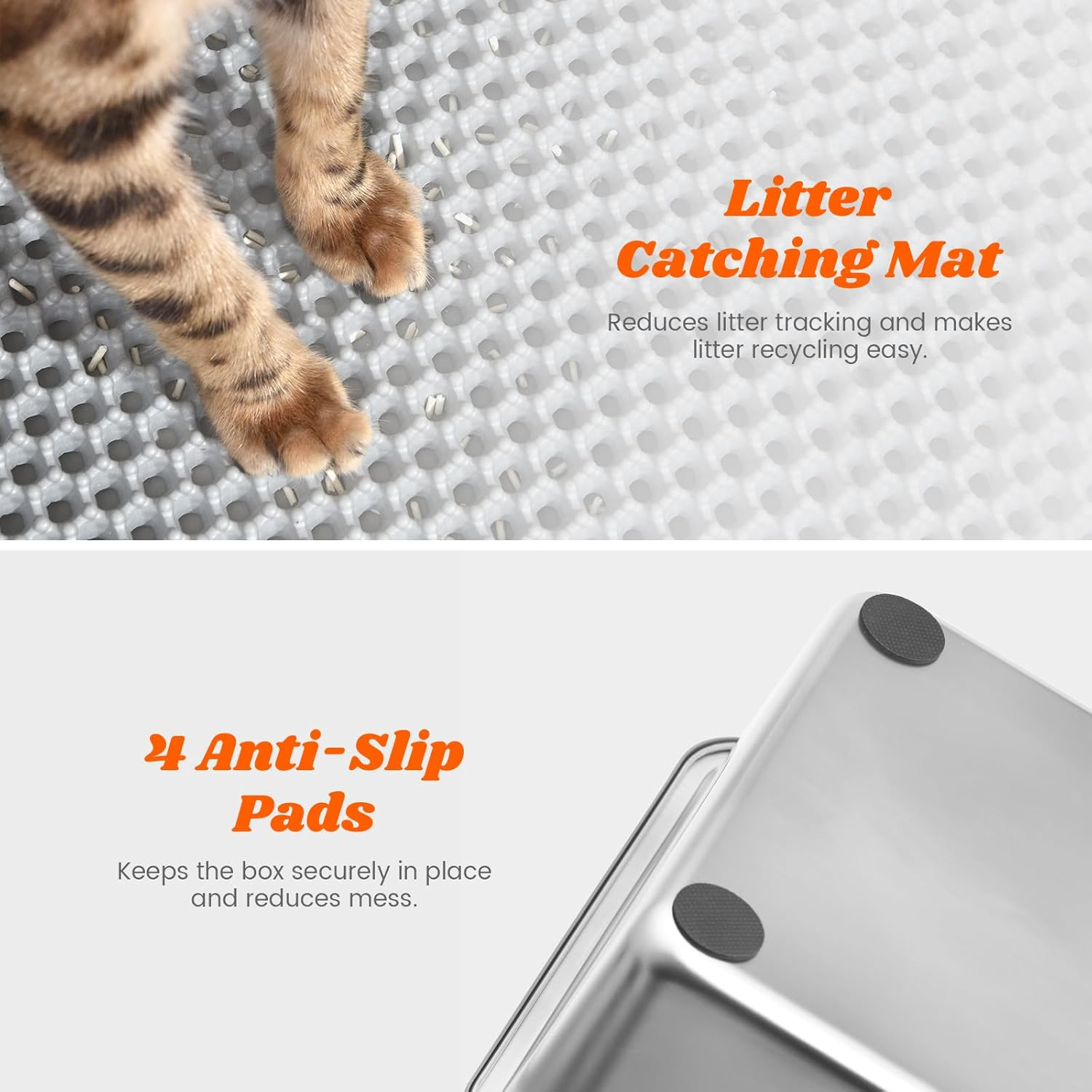 Stainless Steel Cat Litter Box with Scatter Shield, XL Extra Large for Big Cats, High Sided Enclosure Metal Cat Litter Pan/Tray with Litter Mat, Non-Sticky, Anti-Urine Leakage, Easy Cleaning image number 6