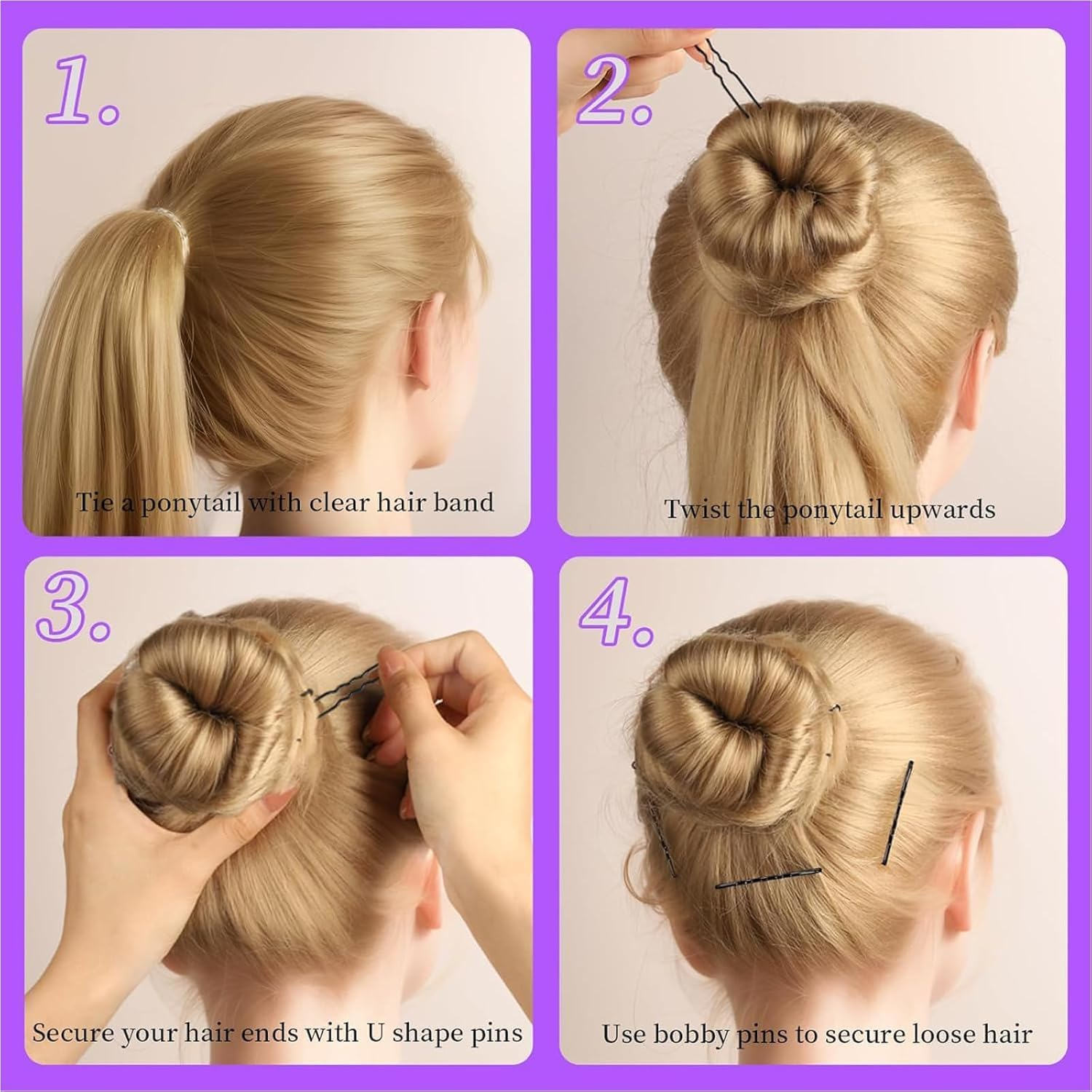 300 PCS Hair Pins Set, 100 Black Bobby Pins, 100 U-Shaped Hair Pins & 100 Clear Rubber Bands, Hairpins for Buns, French Pins, Hair Accessories for Women and Girls, Storage Case Included image number 4