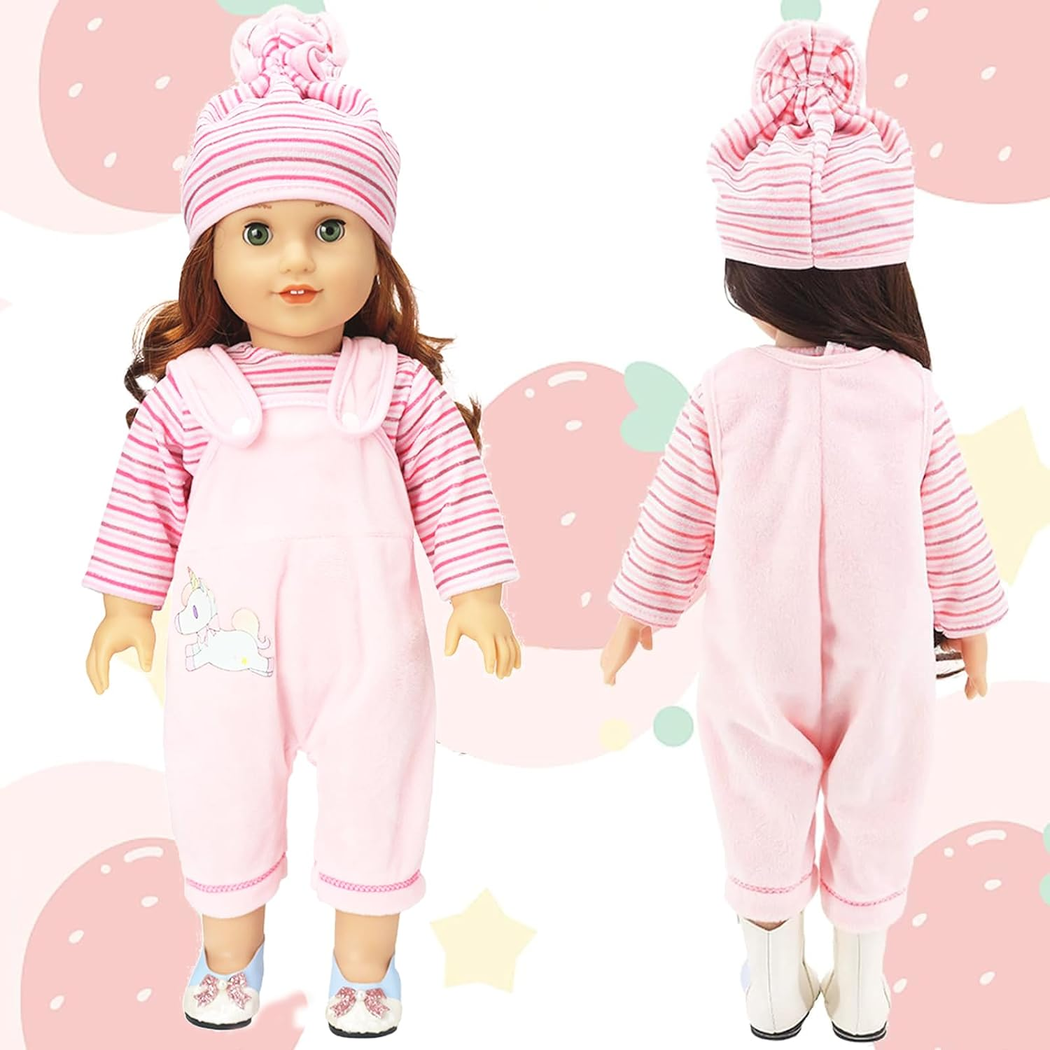 Doll Clothes for 18 Inch Baby Dolls, Sweet Outfits Jumpsuit Top Hat and Socks for 35-45 Cm New Born Baby Dolls Girls Birthday (Pink)(No Doll) image number 1