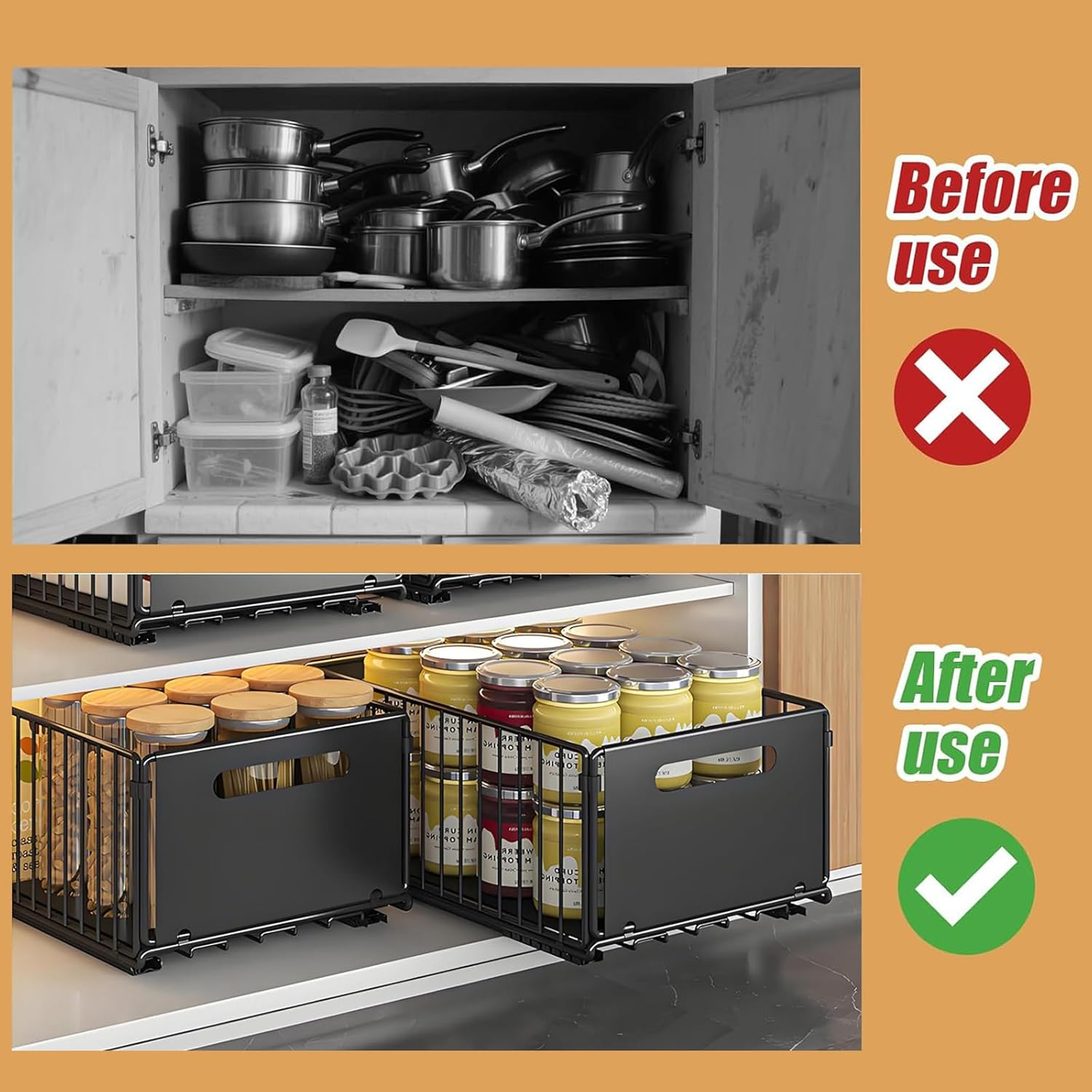 2 Pack Pull Out Drawers for Cabinets, Foldable Pull Out Cabinet Organizer, Slide Out Cabinet Organizer for Kitchen, Roll Out Shelf Storage for Kitchen, Pantry, Bathroom (Black)