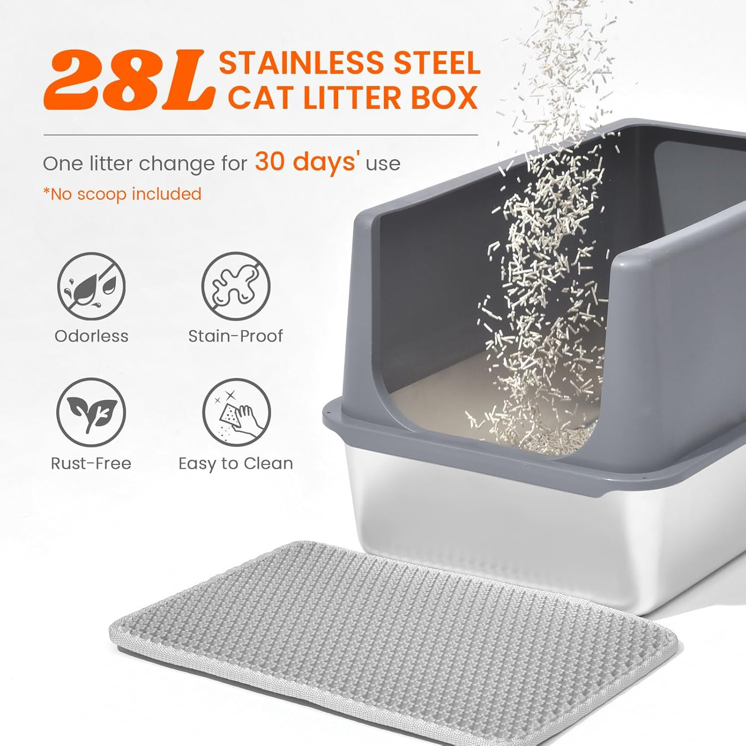 Stainless Steel Cat Litter Box with Scatter Shield, XL Extra Large for Big Cats, High Sided Enclosure Metal Cat Litter Pan/Tray with Litter Mat, Non-Sticky, Anti-Urine Leakage, Easy Cleaning image number 5