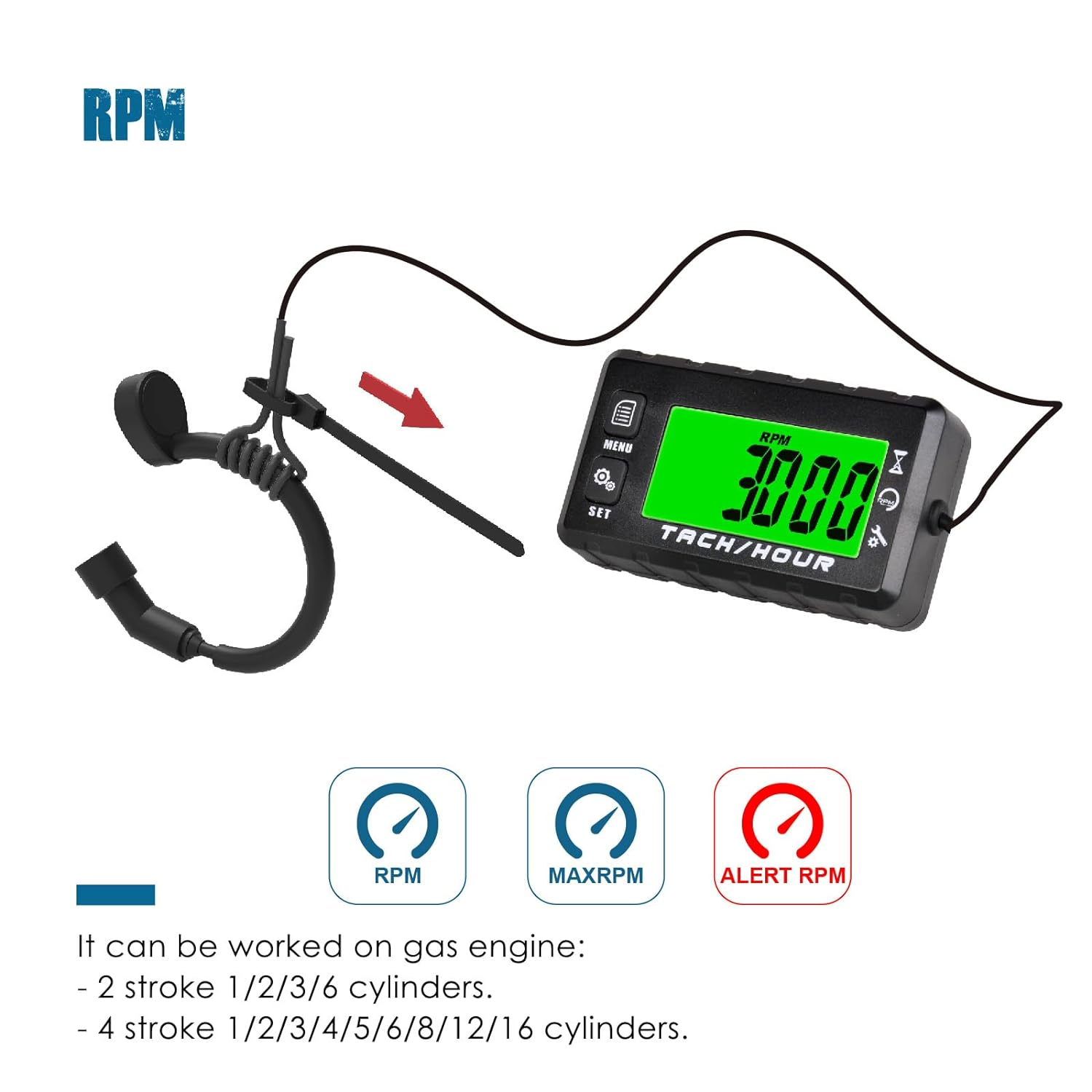 Runleader Digital Self Powered Hour Meter Tachometer,Maintenance Reminder,Alert RPM Reminder,User Shutdown,Waterproof,Use for ZTR Lawn Mower Generator Marine ATV Motor and Gas Powered Equipment image number 2