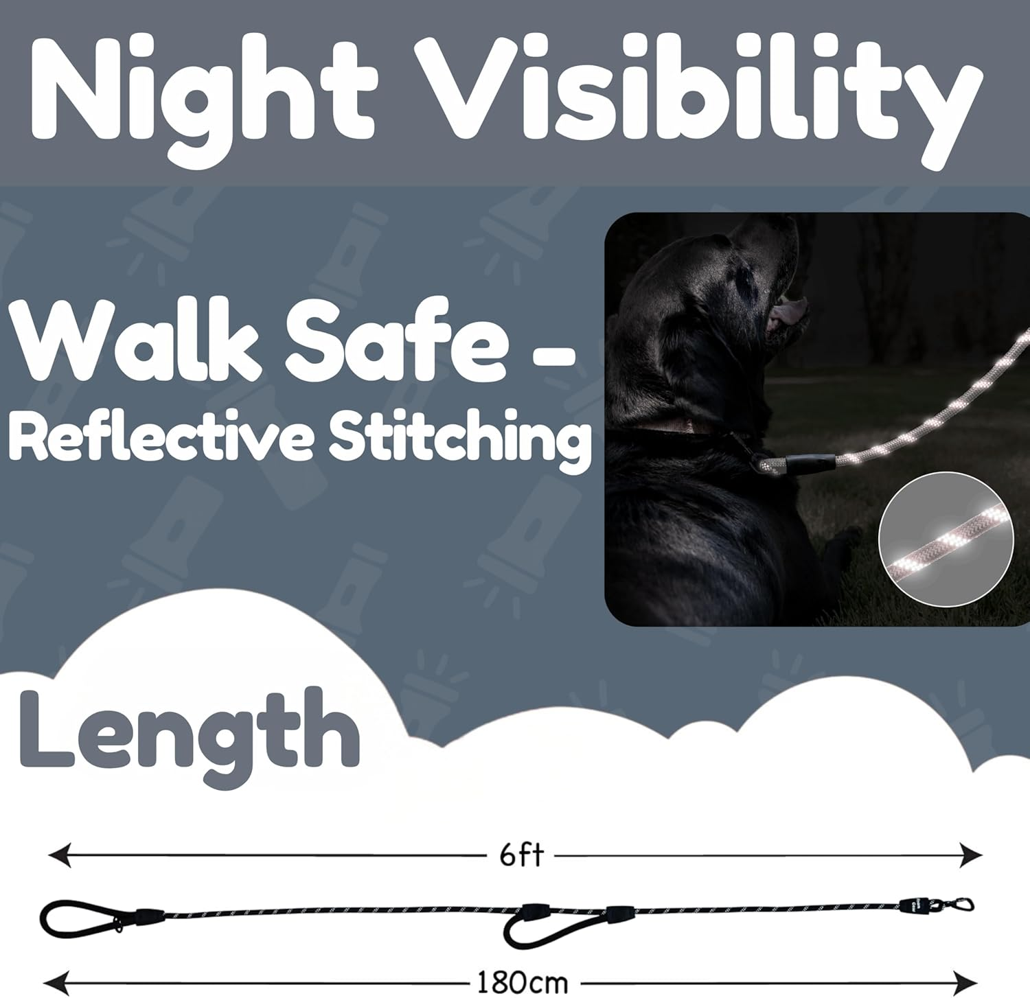 Roam Gear Black 6FT Dog Leashes - Extra Padded Two Handles, Lockable Metal Carabiner Clip, Durable Silicone Clamps, Reflective Dog Leash, No Pull Heavy Duty Dog Leash for Medium, Large, X-Large Dogs - Black image number 4