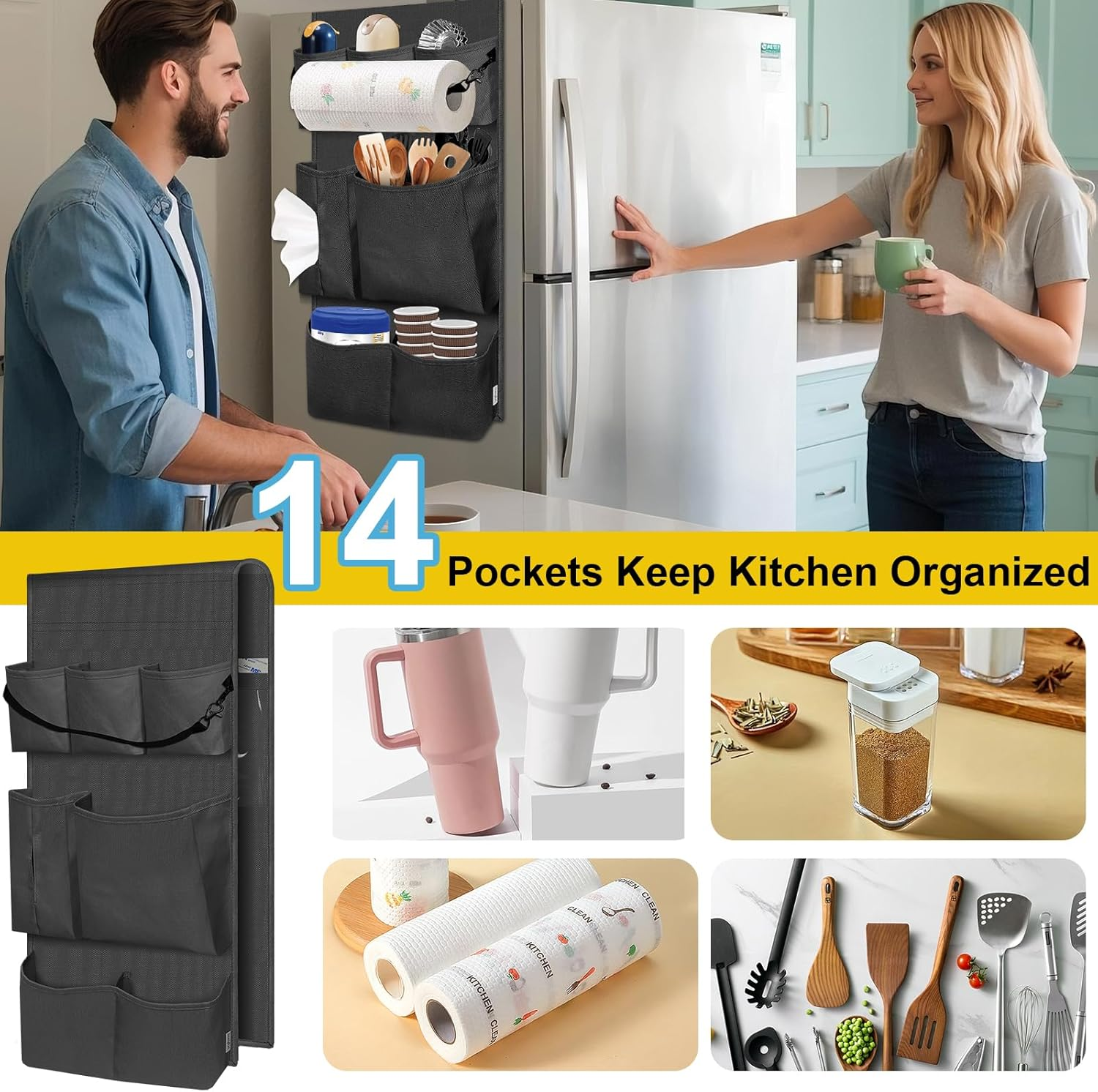 Mini Fridge Organizer, over the Fridge Storage Organizer with 14 Pockets, College Dorm Fridge Storage for Office, Kitchen, Home, School, Black image number 5