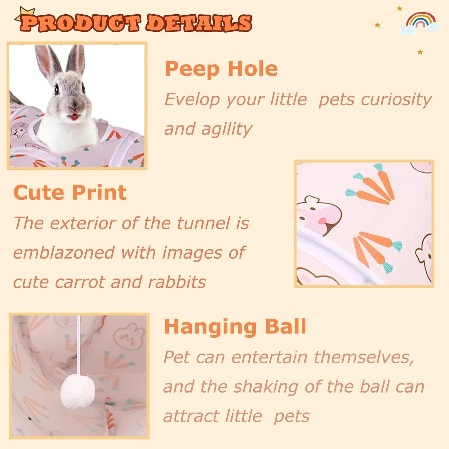 Guinea Pig Tunnel,Bunny Tunnel,Rabbit Tubes Collapsible 3Way Rabbit Toys Set Small Animal Hideout with Fun Toys for Hamster Rats Ferret Kitten Hedgehog Hiding and Resting image number 1