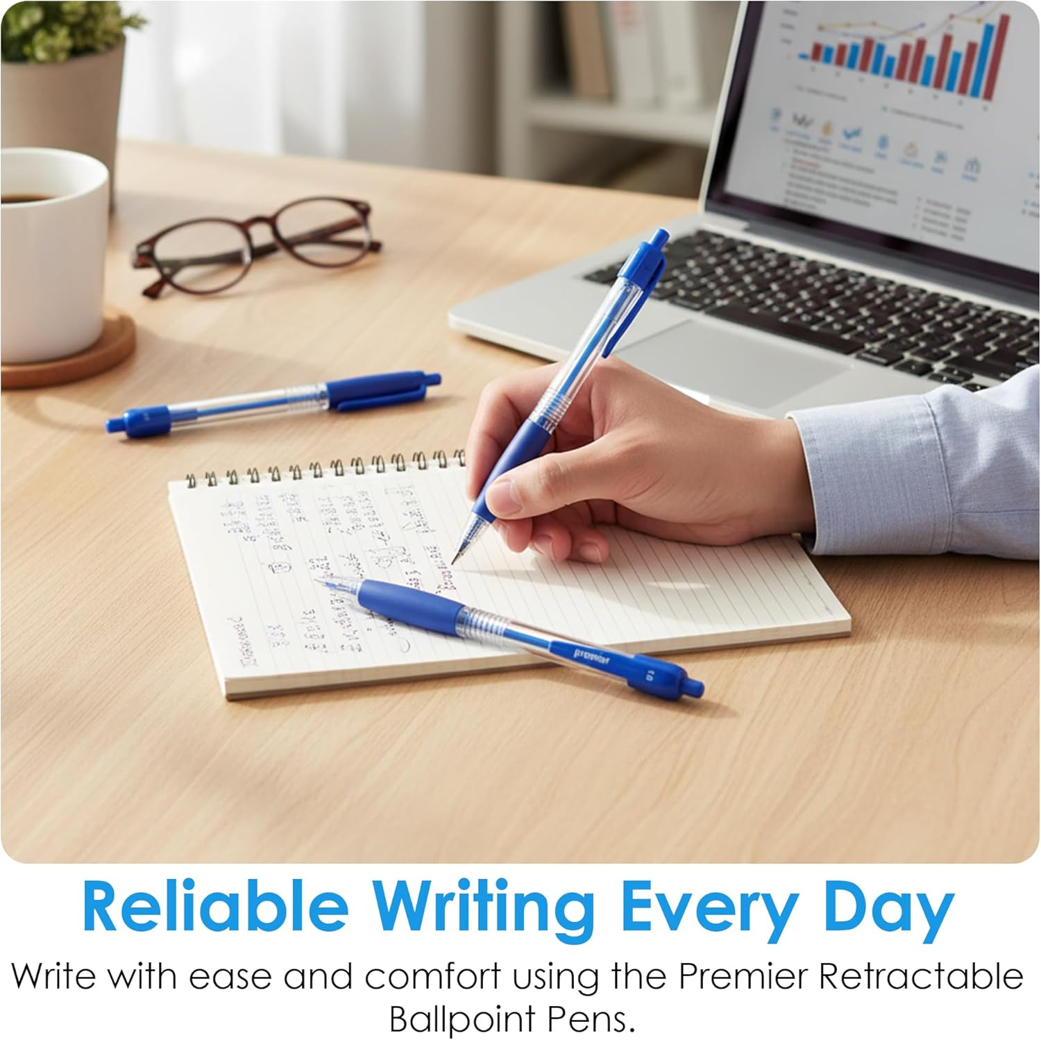 Premier Stationery Retractable Ball Pens, Blue Ink, 1 X 25 Pack (25 Pens) | Click-Top Design | Smooth Ink Pens for School, Office & Everyday Writing image number 1