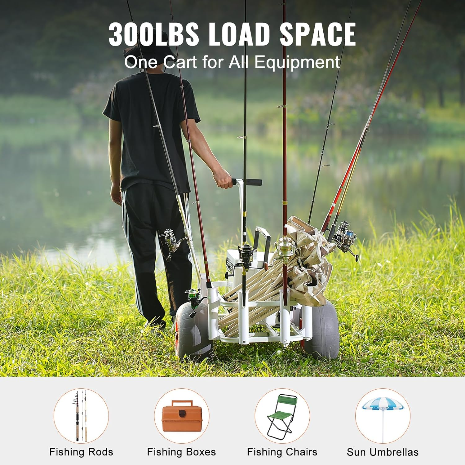 VEVOR Beach Fishing Cart, 136 Kg Load Capacity, Fish and Marine Cart with Two 330 Mm Big Wheels PU Balloon Tires for Sand, Heavy-Duty Aluminum Pier Wagon Trolley with 8 Rod Holders for Fishing, Picnic image number 2