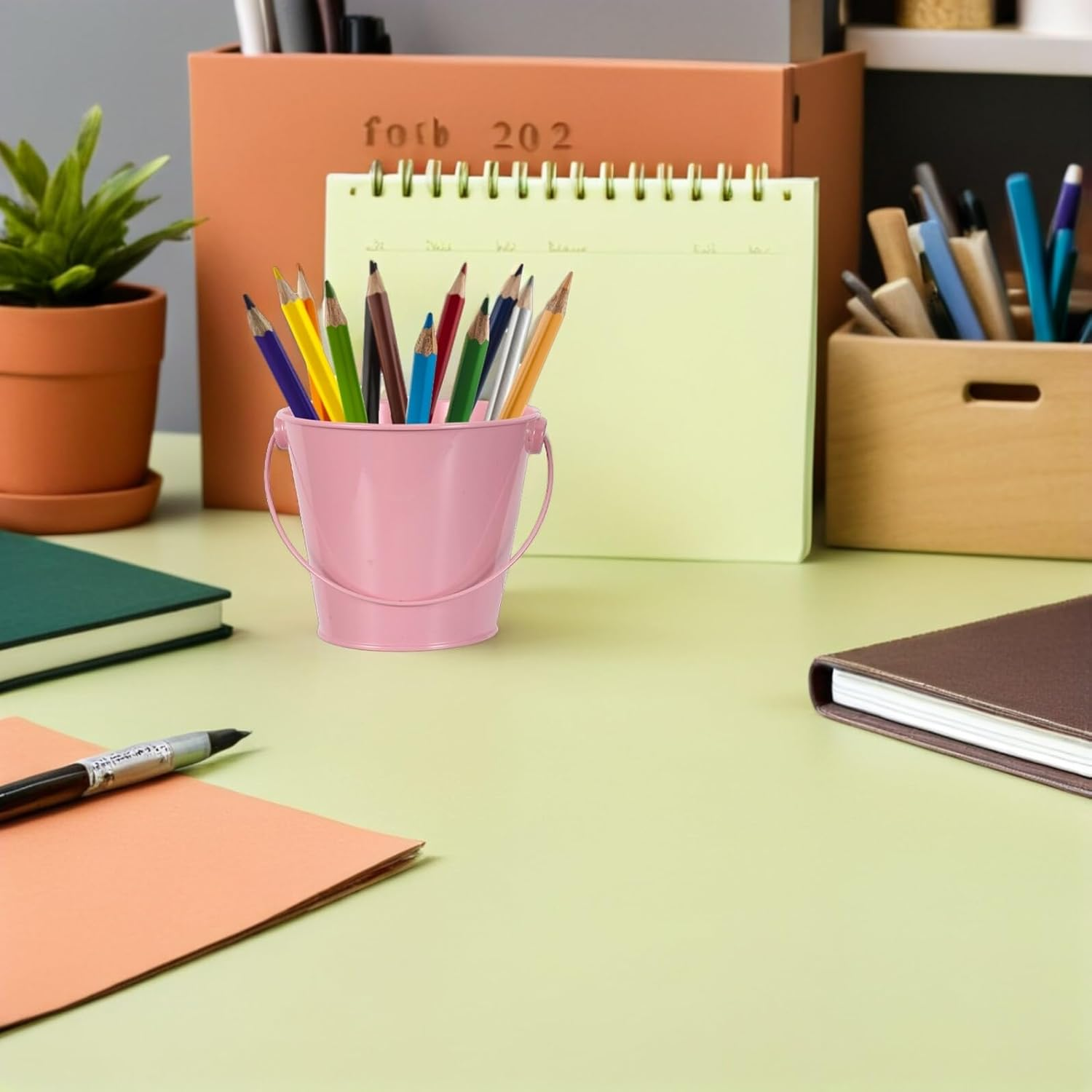 NAMOARLY 5Pcs Iron Pencil Holder Bucket Set Handle Metal Pen Cups for Desk Organization, Classroom Storage, Office Management, Desktop Decoration in Pink, Yellow, Red, Light Blue, and Black image number 4