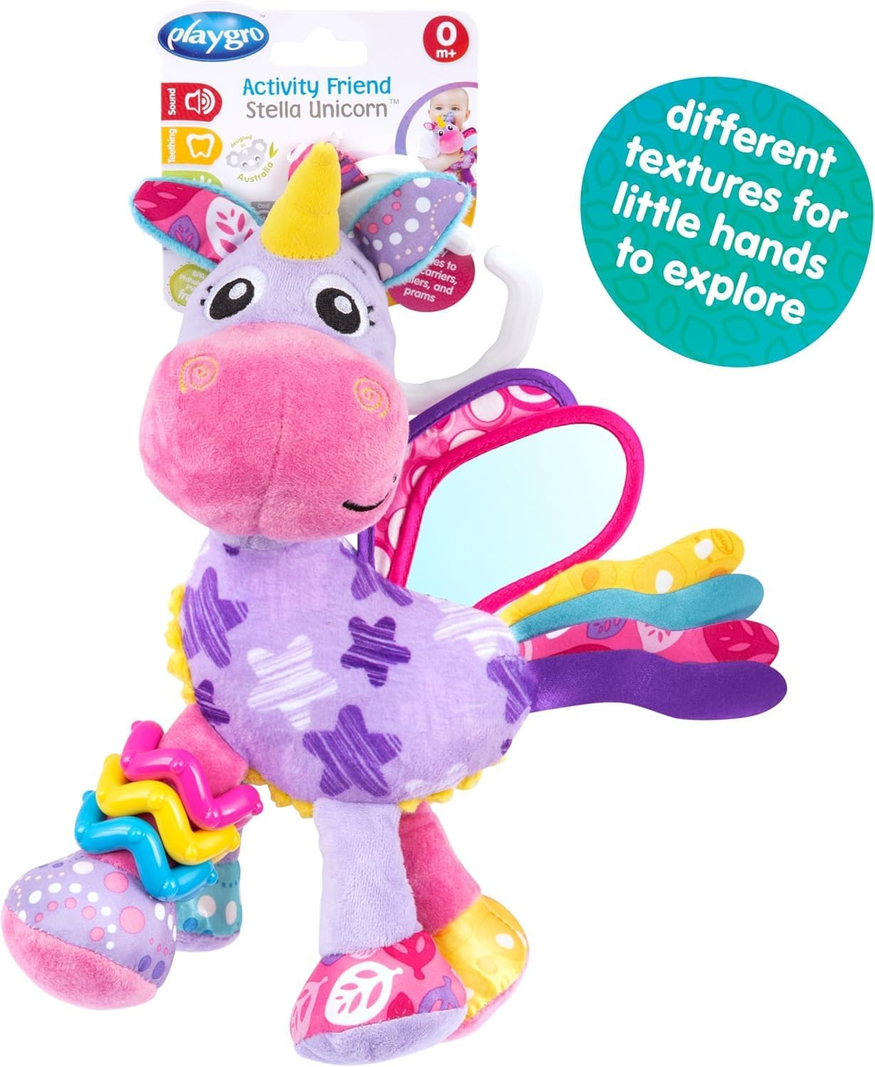 Playgro Activity Friend Star Unicorn - Unicorn Activity for Newborns from 0 Months with Clip, Vivid Texture and Colours