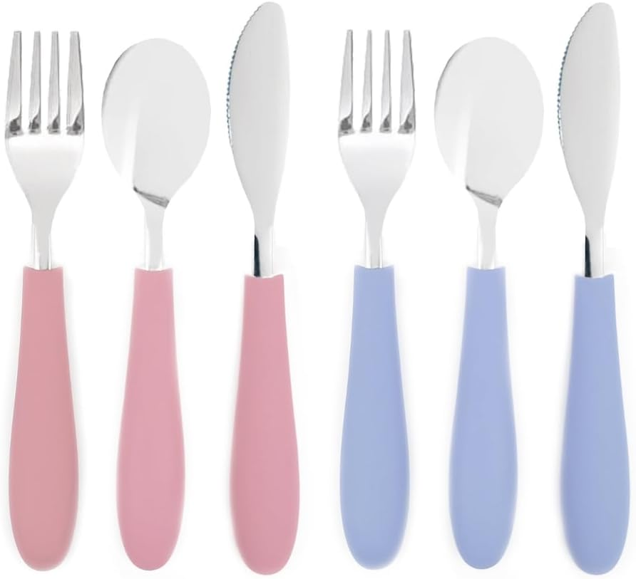 Elk and Friends Kids Silverware with Silicone Handle | Childrens Safe Flatware | Spoon + Fork + Knife Utensil Set | 4 Years+ | Stainless Steel Cutlery | Dishwasher Safe | 6 Pieces