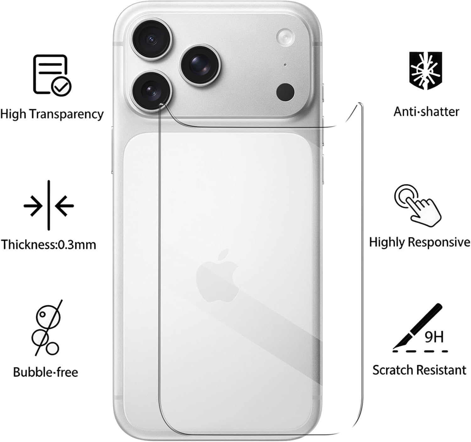 [2+2 Pack] Back Screen Protector for Iphone 17 Pro Max with Camera Lens Protector, Electro-Weideworld Ultra Clear 9H Hardness Scratch Resistant Tempered Glass with Full Coverage image number 3