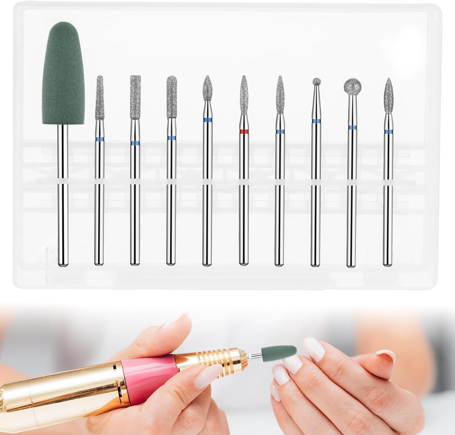Nail Drill Bit Set, 10 Pcs Russian Manicure Drill Bits Mini Sanding Bands for Nail Drills Diamond Nails Drills Bits Professional Cuticle Removal Bit Rotary Burrs Diamond Manicure Set for Home Salon image number 3
