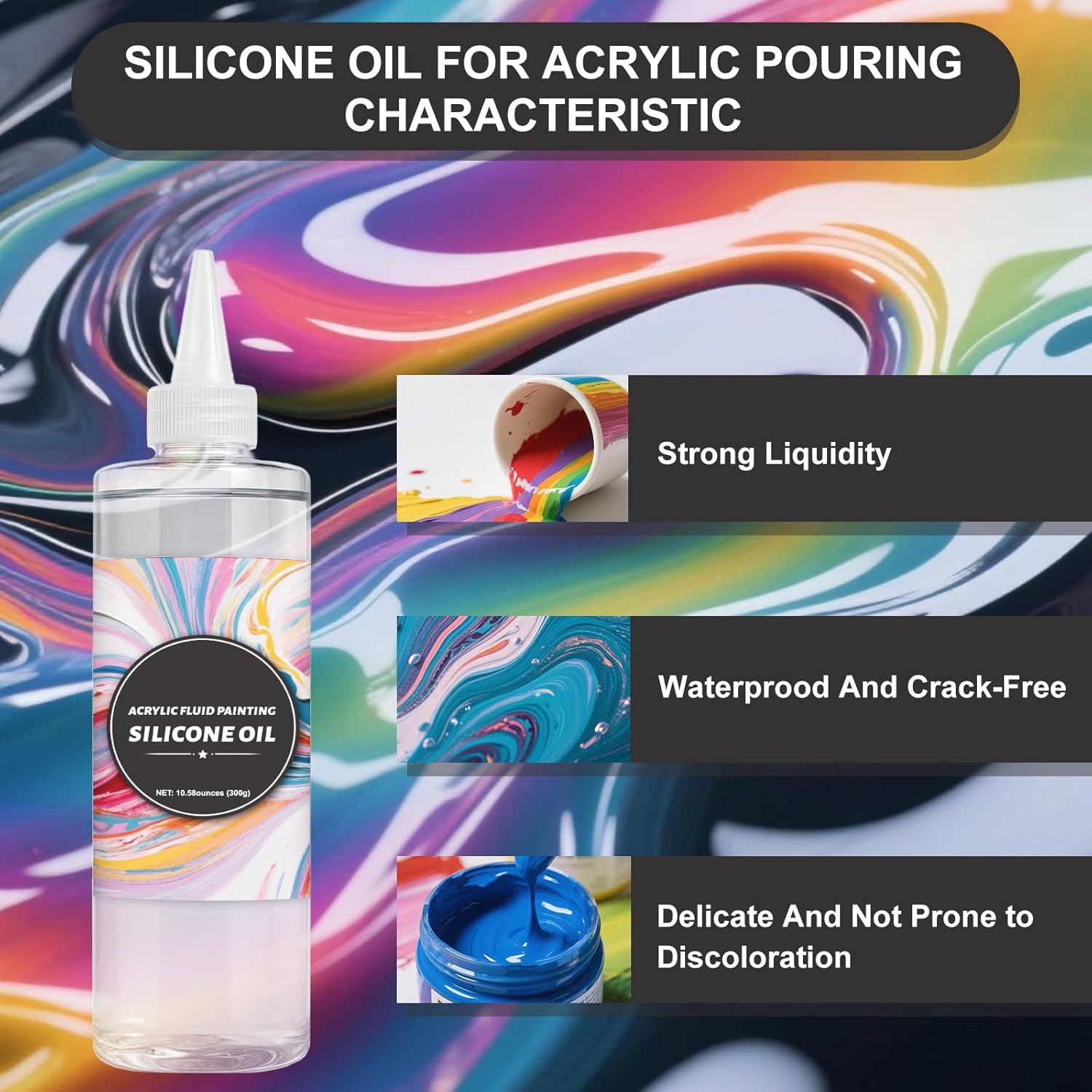 INNOVAYOU 300G Silicone Pouring Oil, Silicone Oil for Acrylic Pouring Add Texture Color Brightness Effect, Suitable for Acrylic, Watercolor, Cell Activators image number 6