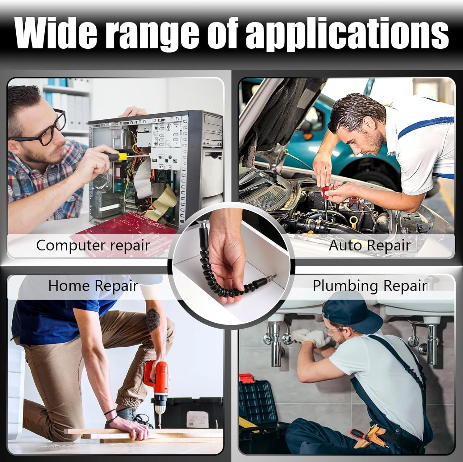 Flexible Drill Extension, 2-Piece Screwdriver Flex Shaft, 11.6-Inch Universal Drill Attachment for Electrical Cabinets and Furniture, Computer Chassis (Black) image number 2