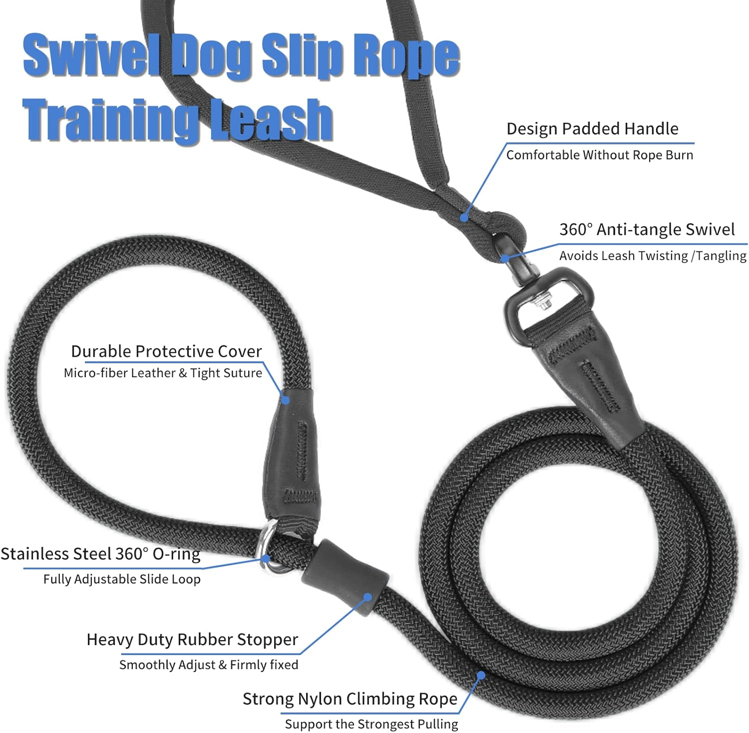 Slip Lead Dog Leash, Strong Anti-Tangle Durable Nylon No Pull Walking Leash for Small Medium Large Puppy Dogs 4Ft Black image number 2