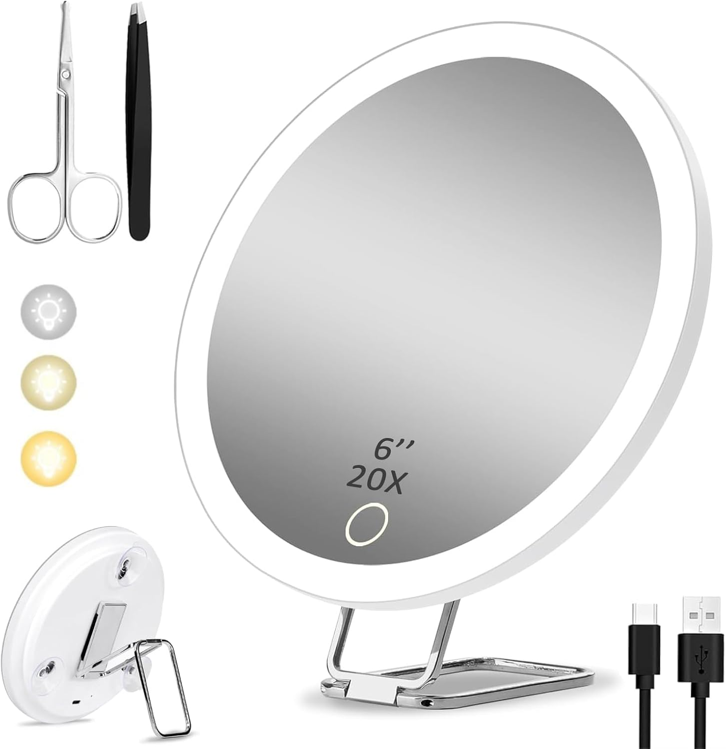 Portable 20X Magnifying Makeup Mirror with Light, USB Rechargeable, 6In/15Cm, 360&deg; Rotation, Adjustable Stand, 3 Suction Cups, Slant Tweezers & Scissors, Vanity Mirror for Precise Grooming image number 4