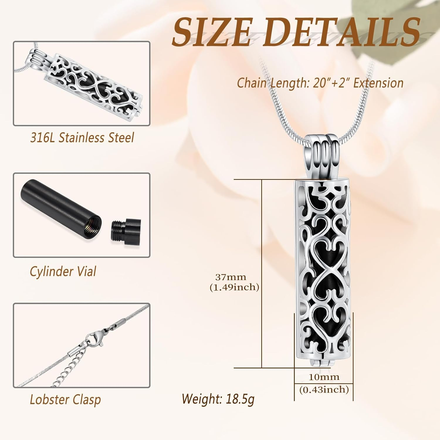 Cylinder Cremation Necklace for Pet Ashes, Black Urn Necklace for Dog/Cat Pet, Stainless Steel Keepsake Jewelry Gifts - Rose Gold-Plated image number 6