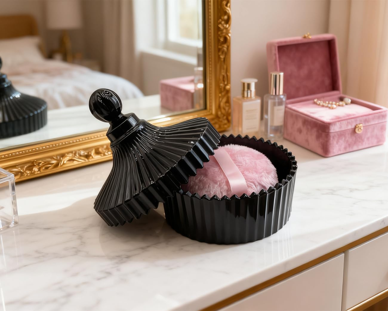 4.3 Inch Fluffy Body Powder Puff & 5.3 Inch Glass Jar Set,Large Dusting Powder Container with Puff,Multi-Purpose Storage Holder Dish,Gothic Decor for Bedroom,Bathroom,Home(Black)