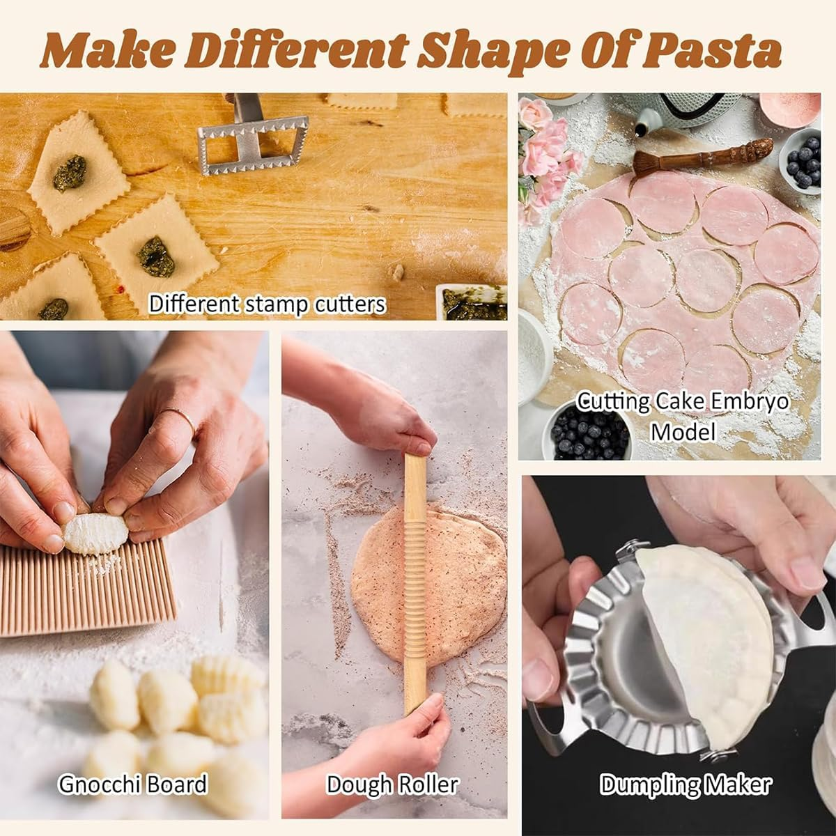 Kitment 9Pcs Pasta Making Tools Set, Pasta Maker, Wood Gnocchi Board, Rolling Pin, Pasta Roller, 4 Ravioli Stamp Maker Cutter, Dumpling Maker, Kitchen DIY Gift image number 2