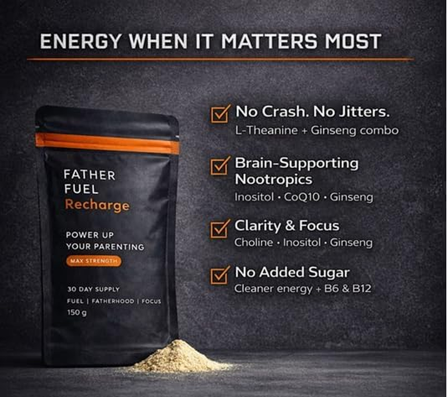 Recharge &ndash; Daily Energy & Focus Drink Mix for Men | Dad-Crafted Blend with Ginseng, L-Theanine, Inositol, Coq10 & B-Vitamins | 30-Day Supply &ndash; Steady Fuel, No 2Pm Crash image number 3