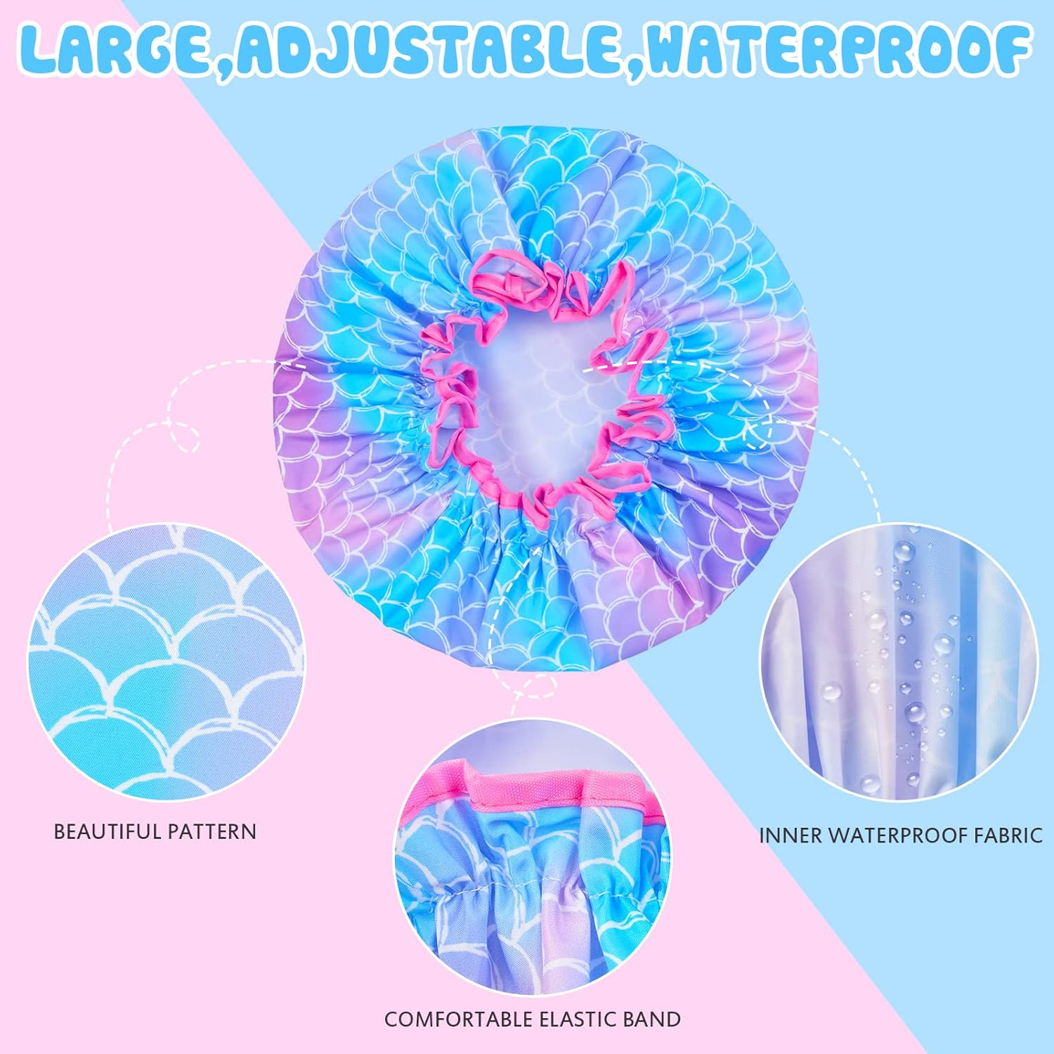 3 Pcs Kids Girls Toddler Shower Cap - Reusable Plastic Rainbow Unicorn Mermaid Hair Cap, Waterproof Adjustable Cute Head Cap for Children and Women image number 1