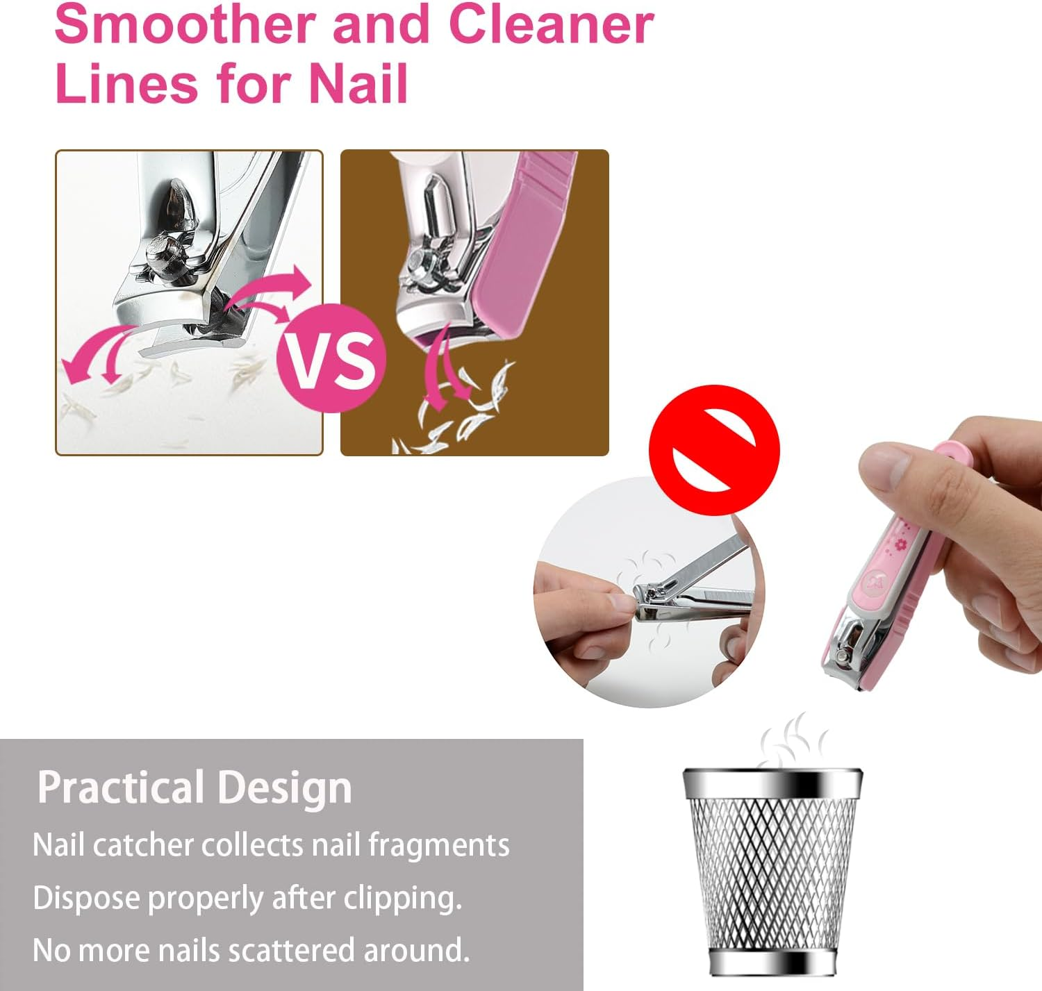 PAFASON Ultra Sharp Stainless Steel Nail Clipper Trimmer Cutter Set with Built-In Nail Catcher & Nail File 2 Pack Fingernail & Toenail Clippers for Men & Women - Pink image number 6