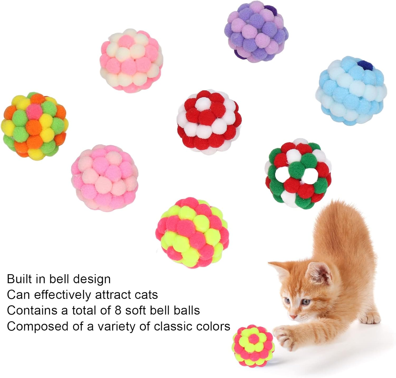 EVTSCAN Cat Ball Toys Elastic Soft Colorful Interactive Chasing Chewing Plush Bell Ball for Kitten 8Pcs image number 4