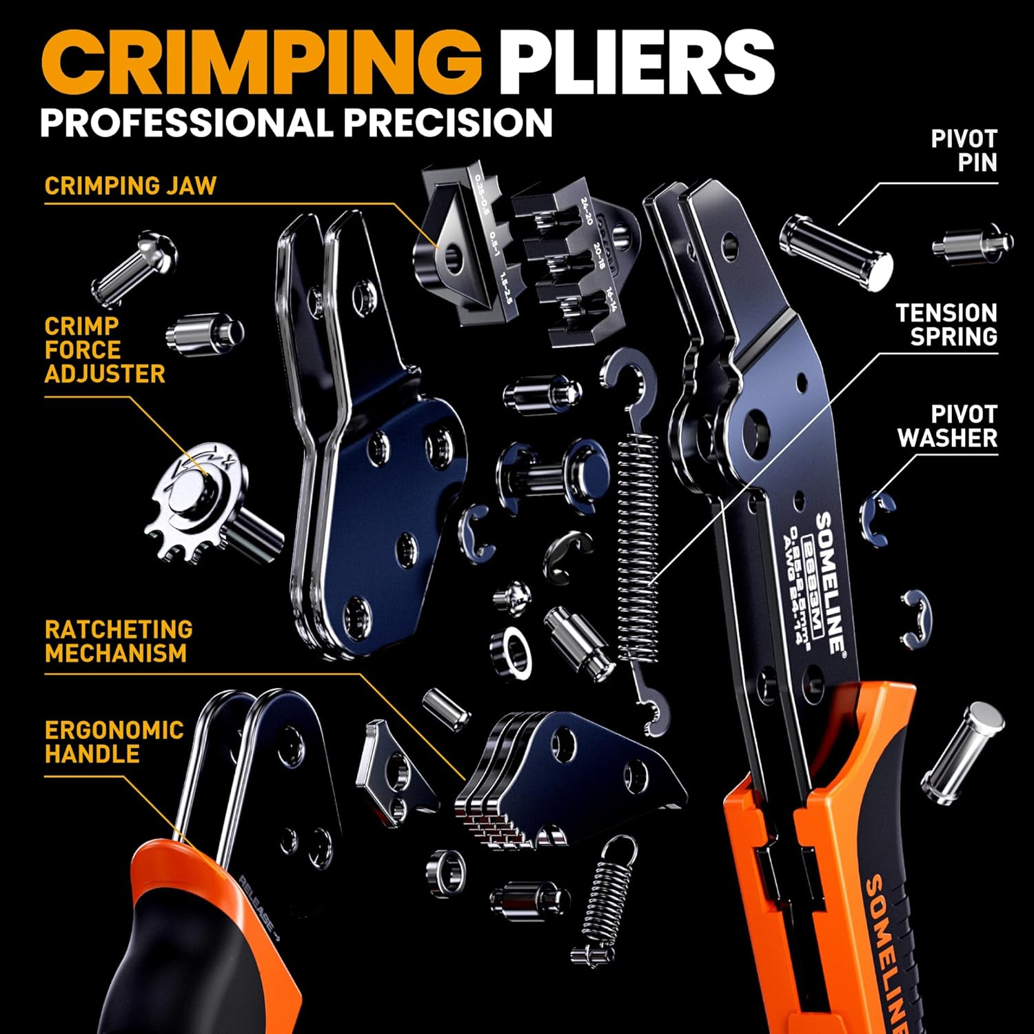 SOMELINE Spade Connector Crimping Tool Kit 24&ndash;14 AWG, 21 Types 2.8/3.9/4.8/6.3 Mm Male & Female Quick Disconnect Non-Insulated Spade Connectors &ndash; Open Barrel Crimping Tool &ndash; Wire Connector Kit