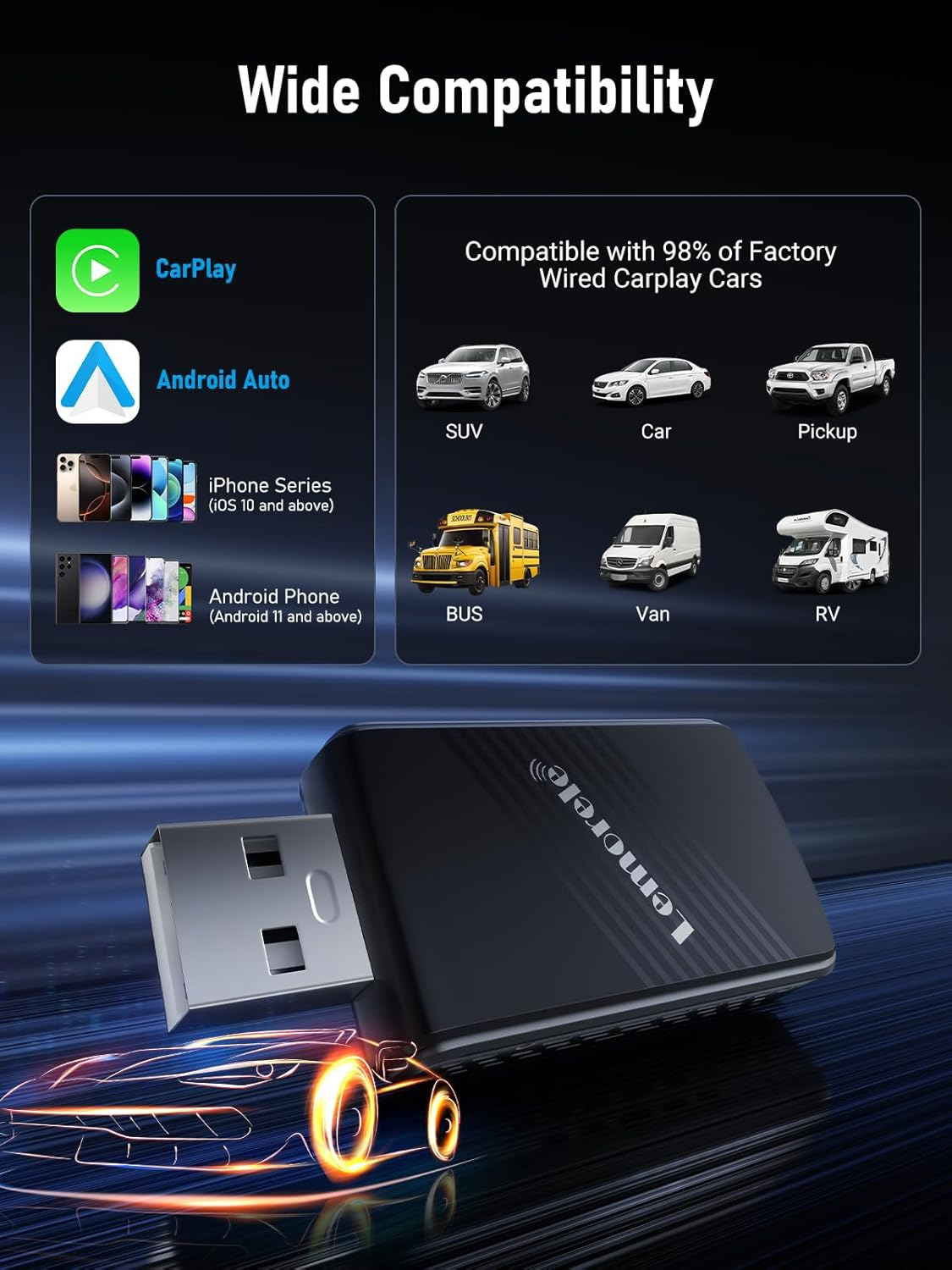 Lemorele Wireless Carplay Adapter, Plug & Play,Easy to Upgrade Wired Carplay to Wireless, Instant Connectivity,Super Mini Car Play Dongle for Iphone,Android Phones Fit for Cars with Built-In Carplay