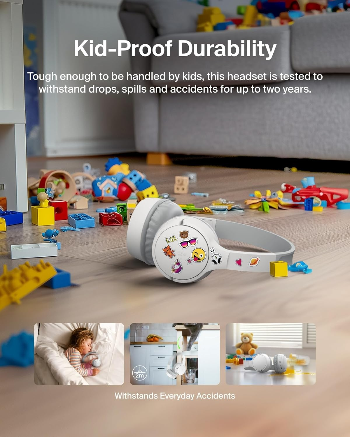 Belkin Soundform Mini - Wireless Bluetooth Kids Headphones, 30H Battery, 85Db Safe Volume Limit, Built-In Microphone - Toddler On-Ear Earphones for Iphone, Ipad, Fire Tablet, Ideal for School - White image number 3