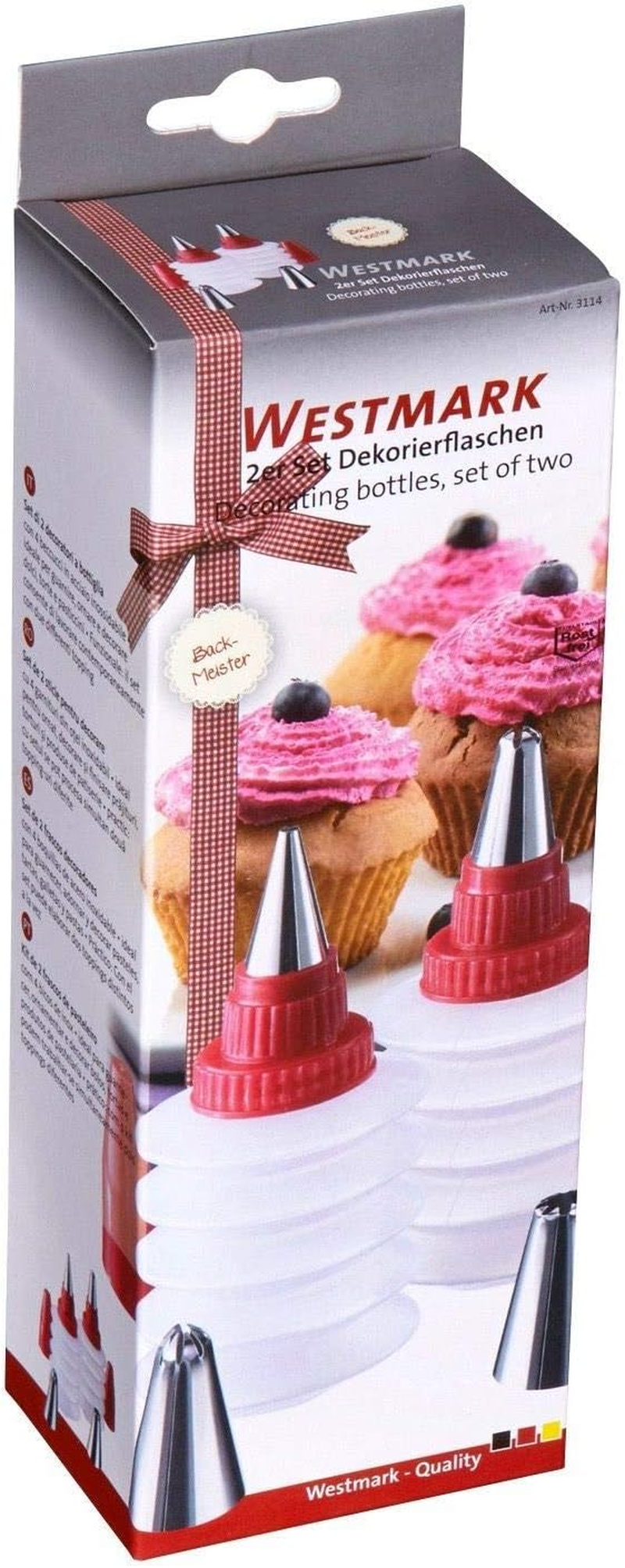 Westmark Decorating Bottle Set, 2 Bottles and 4 Nozzles, with Caps, Plastic/Stainless Steel, Transparent/Red/Silver, 31142260 image number 4