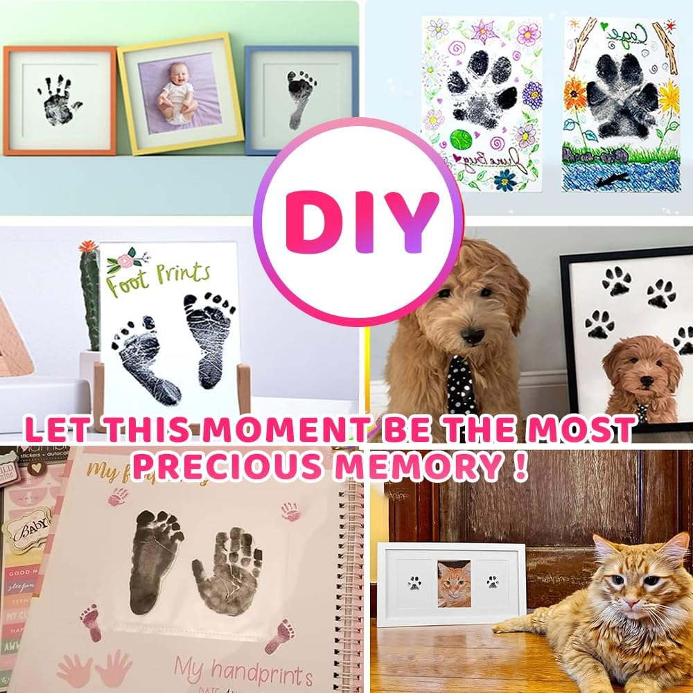 8-Pack Newborn Baby Handprint and Footprint Pet Paw Print Kit Inkless Infant Hand and Foot Stamp with 4 Ink Pads and 8 Imprint Cards (Black)