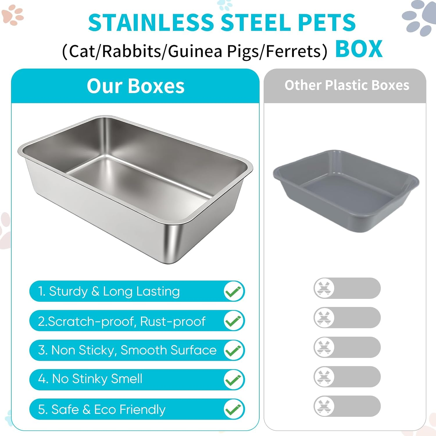 Stainless Steel Cat Litter Box, 23.5" L X 15.5" W X 6" H, Tray for Small to Large Kitty, Rabbits, Hamsters, Guinea Pigs and Ferrets, Potty Toilet Is Easy to Clean and Does Not Absorb Odors image number 4