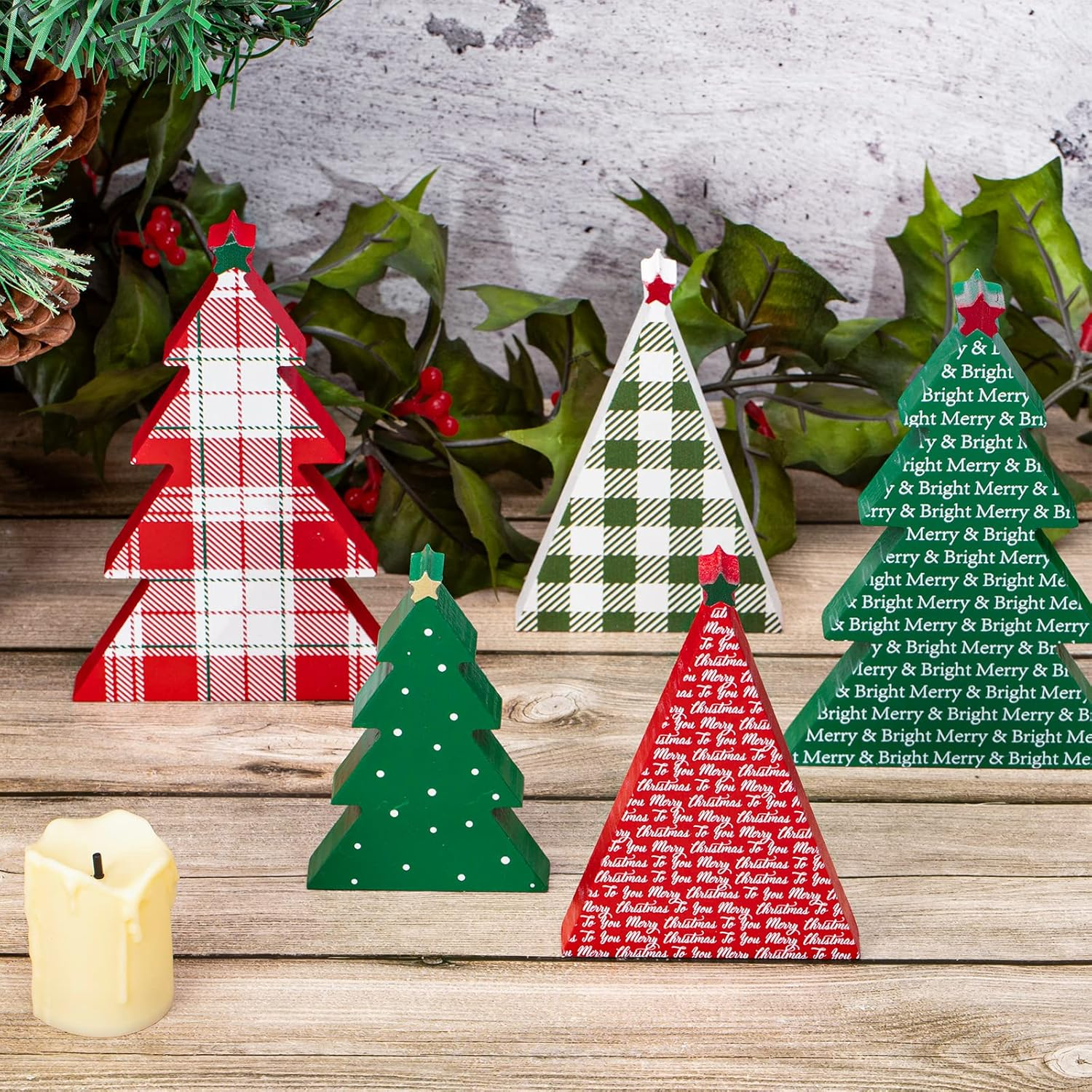Whaline 5Pcs Wooden Christmas Tree Tabletop Decoration 3 Sizes Red Green Plaid Xmas Tree Table Centerpieces Rustic Sanding Christmas Tree Wood Sign for Home Office Fireplace Farmhouse image number 3