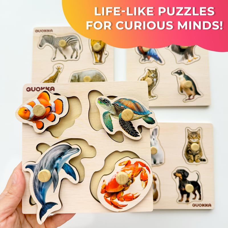 QUOKKA Wooden Puzzles for Toddlers 1-3 &ndash; 4 Set Pegged Puzzles for Kids Ages 2-4 &ndash; Animal and Birds Learning Toy for Kids &ndash; Gift Realistic Educational Game for Boy and Girl - 8 Set image number 7