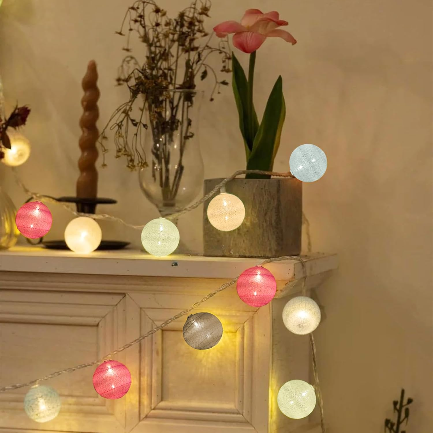 GZGXKJ 3 M Fairy Lights Balls with 20 Leds 5.8 Cm Cotton Ball Fairy Lights Lanterns Battery Operated Fairy Lights for Room Balcony Party and Wedding Decoration (Colourful) image number 3