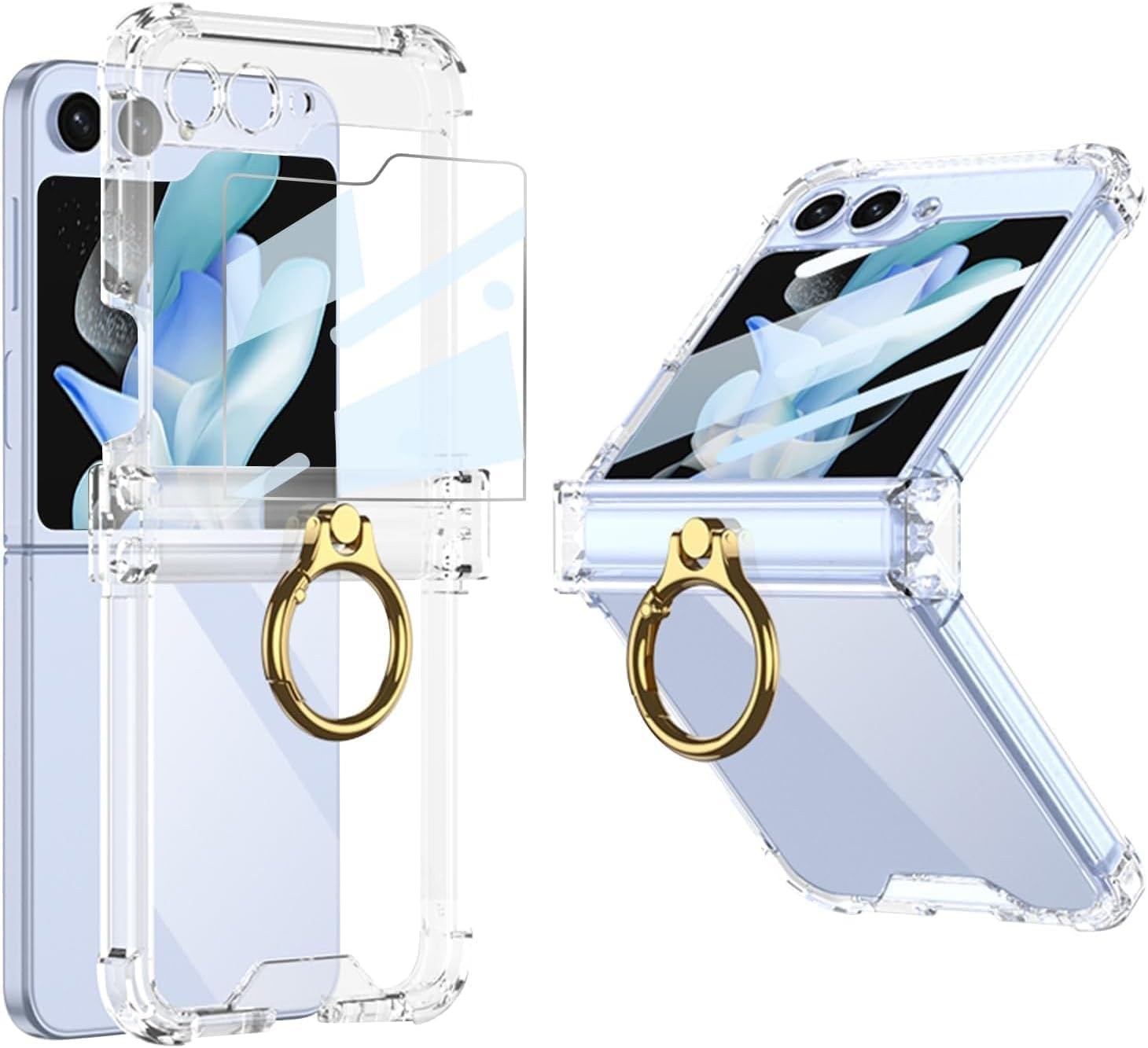 ELEPIK for Samsung Flip 5 Case with Hinge Protection, Samsung Galaxy Z Flip 5 Case with Ring Kickstand [Back Window Screen Protector] Protective Cover for Samsung Galaxy Z Flip 5 5G, Clear.