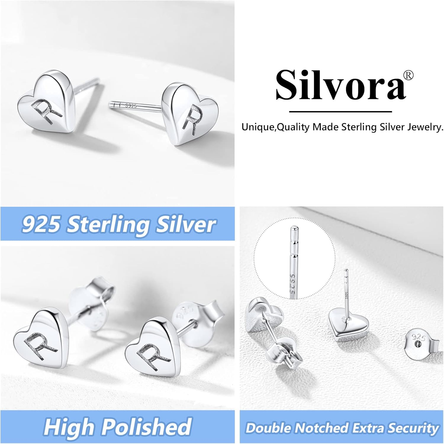 Silvora 925 Sterling Silver Heart Initials Earring for Women Stud Letter Earring for Girls Love Jewelry Birthday Gift image number 3