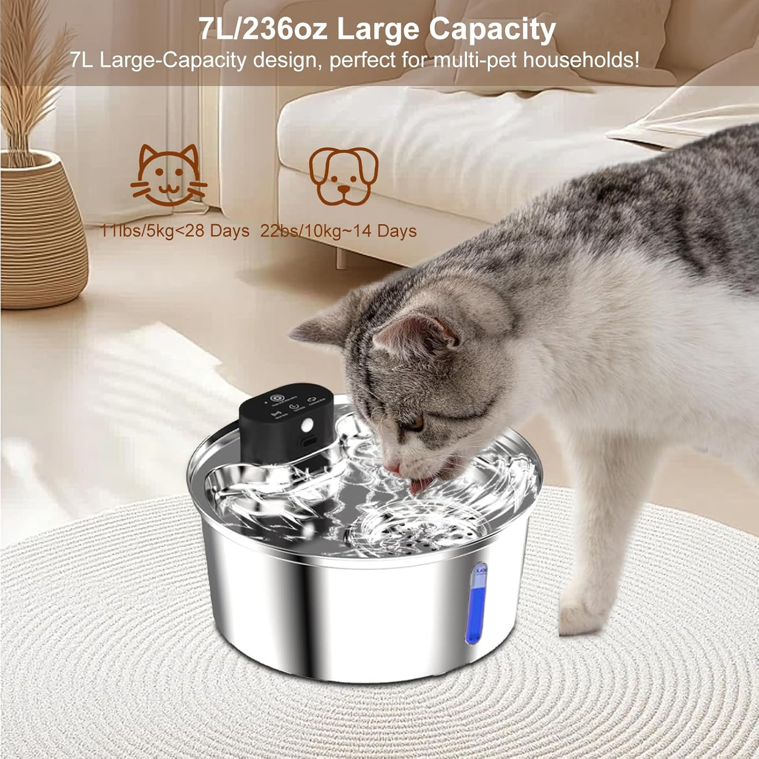 Wireless Cat Water Fountain Stainless Steel, 7L 5000Mah Rechargeable Battery Operated Cat Water Dispenser, Cordless Pet Waterfountain for Cats & Dogs with Motion Sensor, Quiet Pump, Multi-Filtration image number 3