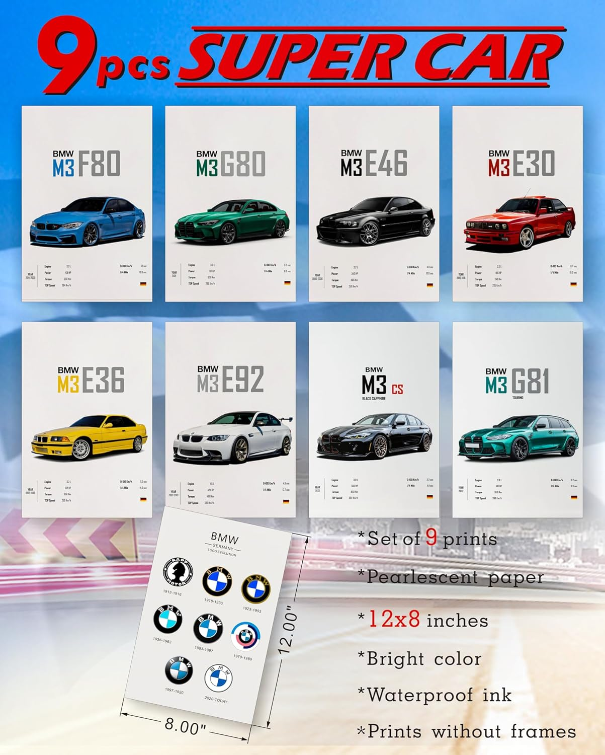 Dazongweihan 9Pcs Super Car Posters for Boys Room, Racing Car Wall Art for Men Guys, Sports Car Wall Decor, Race Cars Pictures Wall Decor for Bedroom Dorm Man Cave (Unframe,8X12Inch) (R1) image number 3